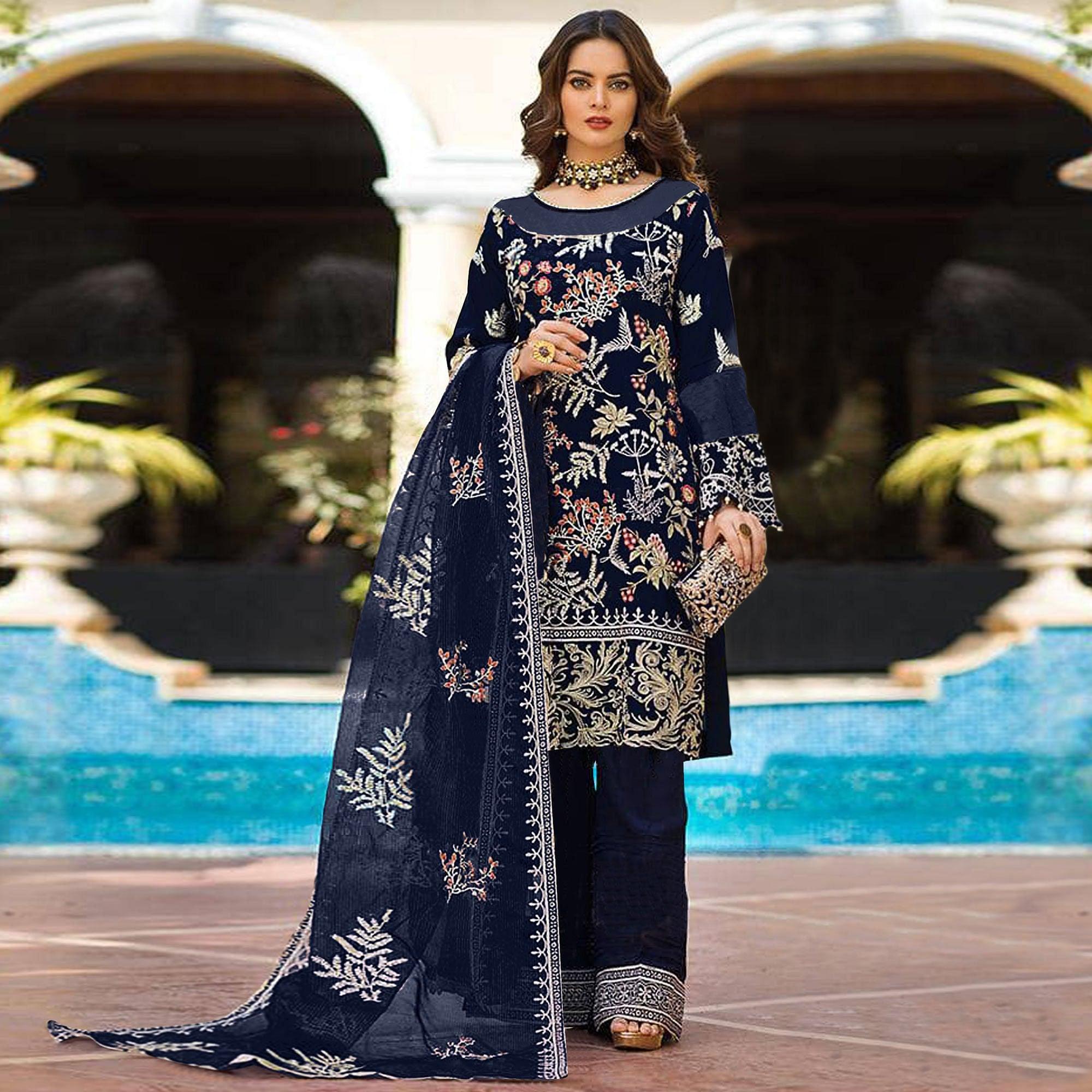 Blue Partywear Women's Floral Embroidered Georgette Semi-Stitched Pakistani Suit - Peachmode