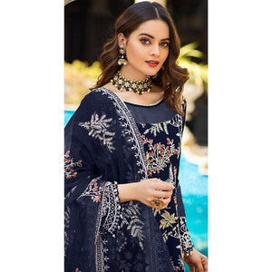 Blue Partywear Women's Floral Embroidered Georgette Semi-Stitched Pakistani Suit - Peachmode