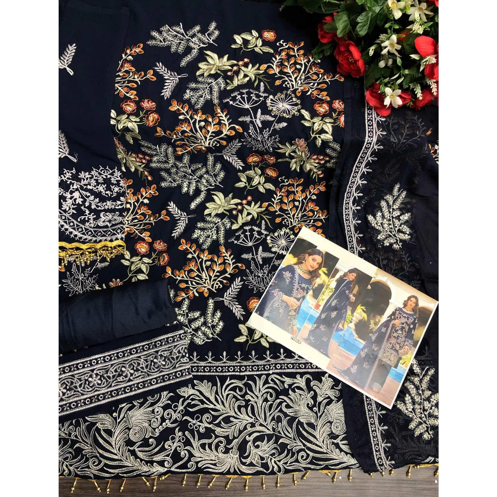 Blue Partywear Women's Floral Embroidered Georgette Semi-Stitched Pakistani Suit - Peachmode