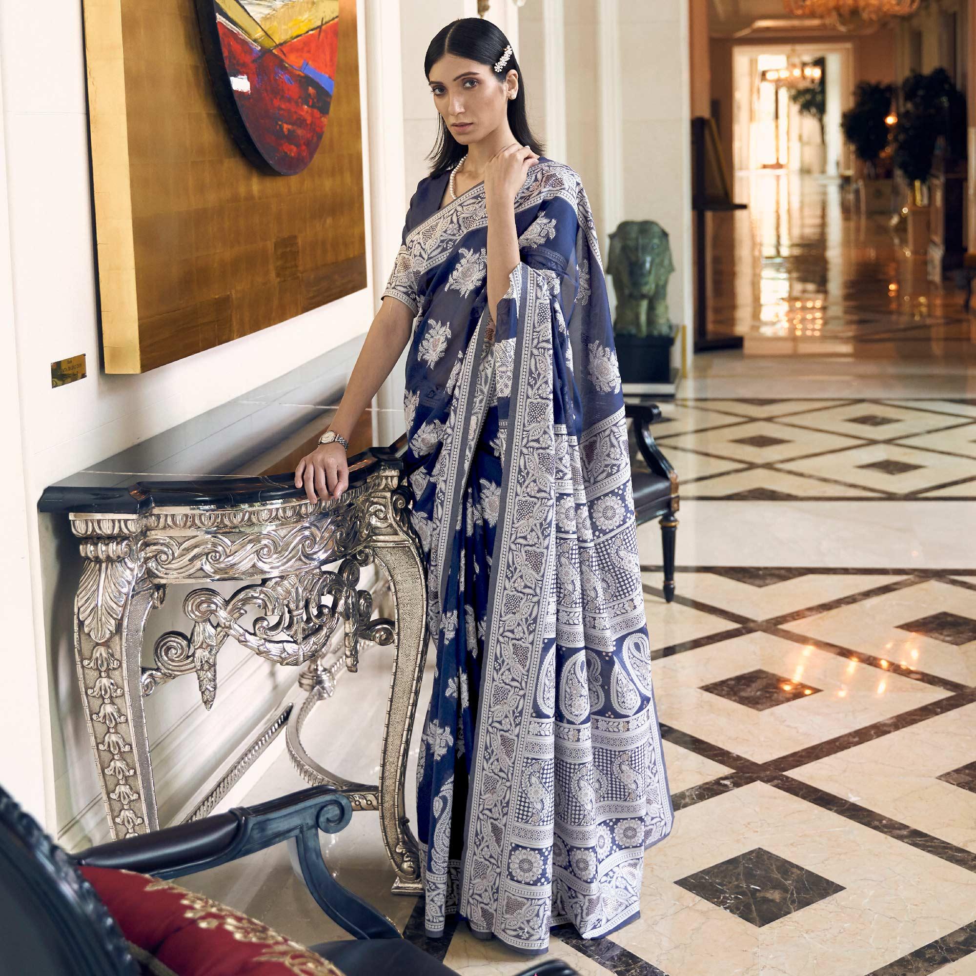 Blue Partywear Woven Chanderi Saree - Peachmode