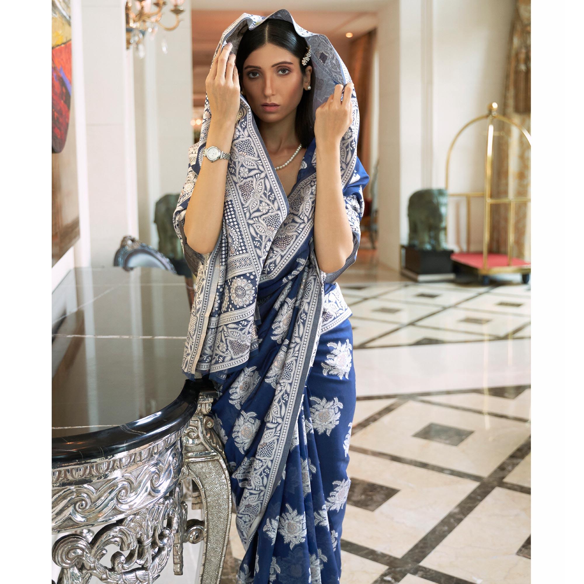 Blue Partywear Woven Chanderi Saree - Peachmode
