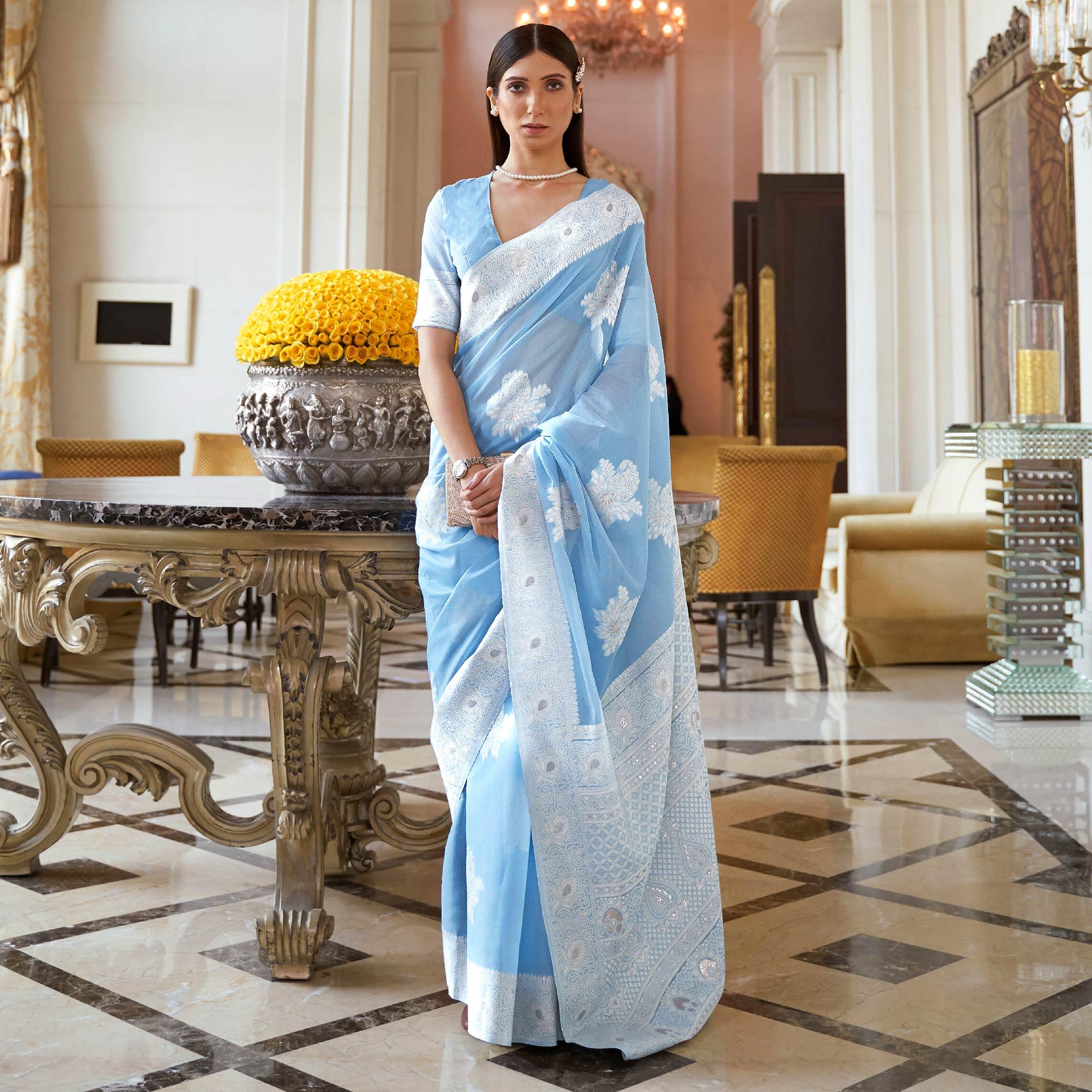 Blue Partywear Woven Chanderi Silk Saree - Peachmode