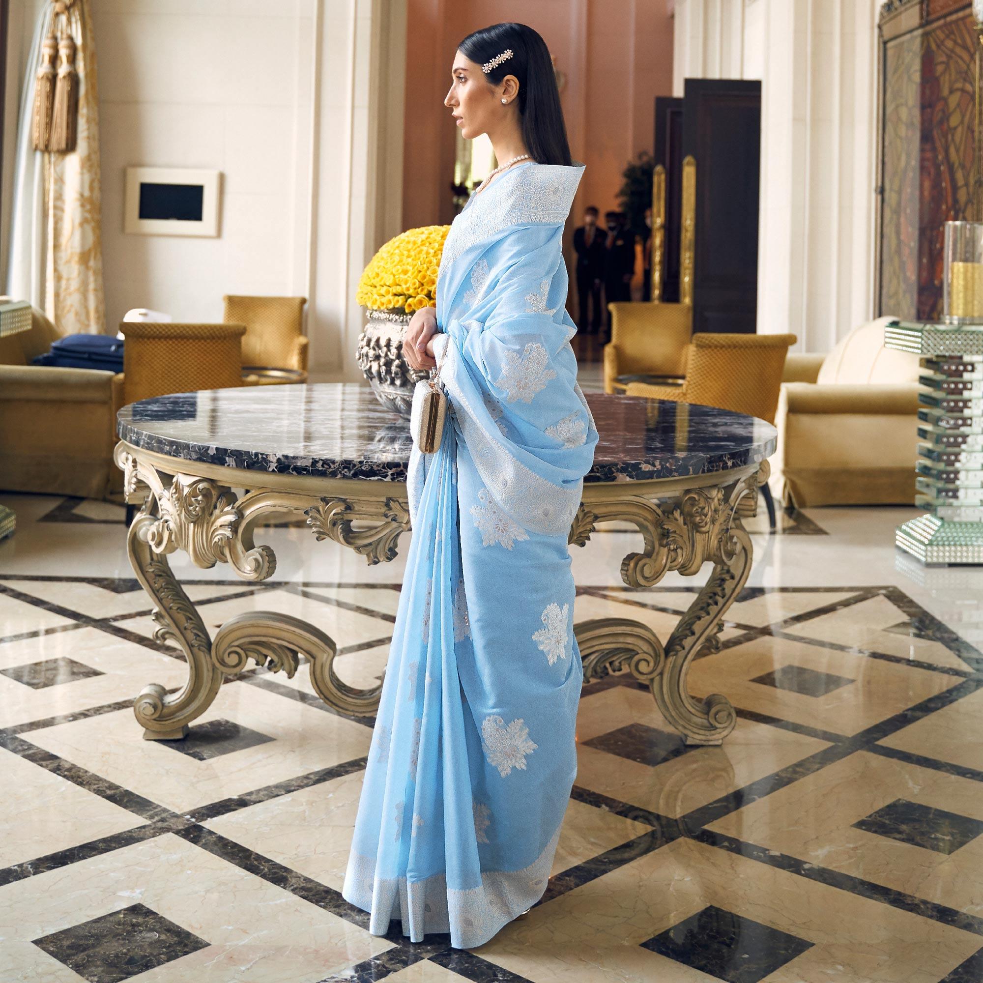 Blue Partywear Woven Chanderi Silk Saree - Peachmode