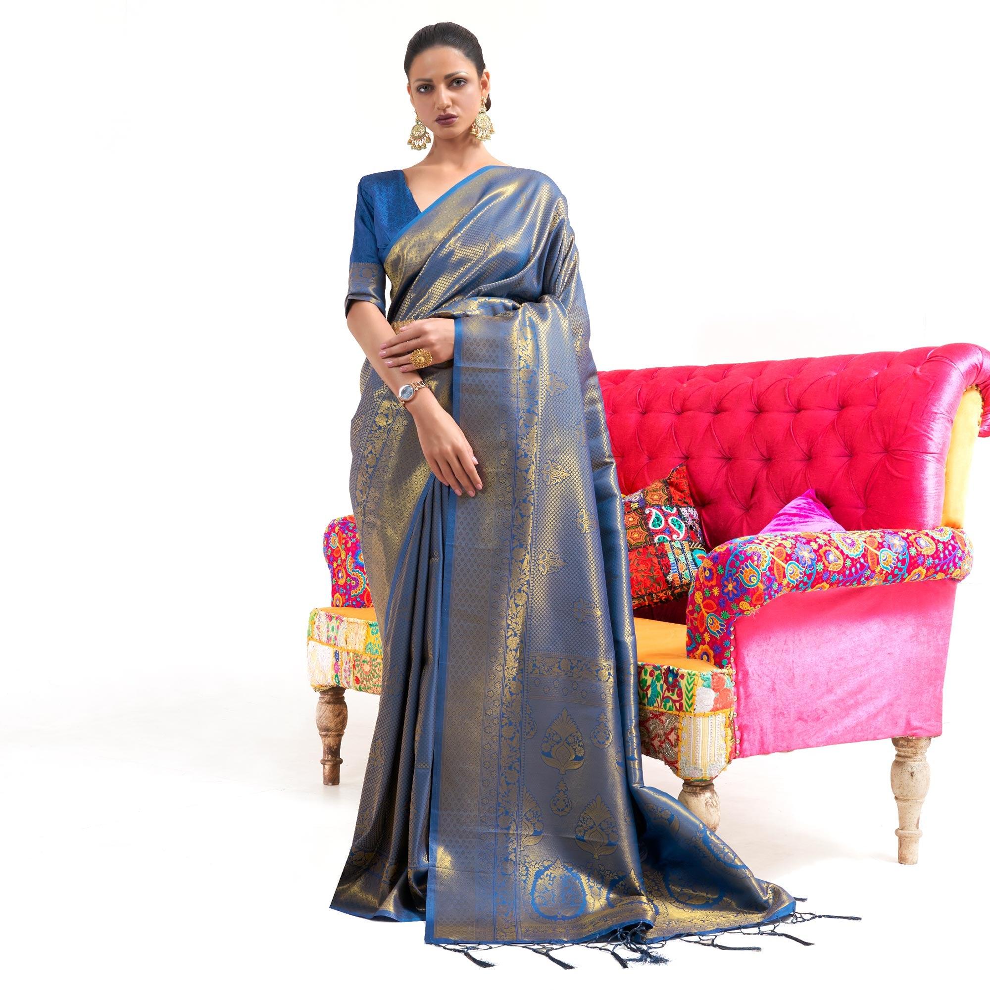Blue Partywear Woven Handloom Silk Saree - Peachmode