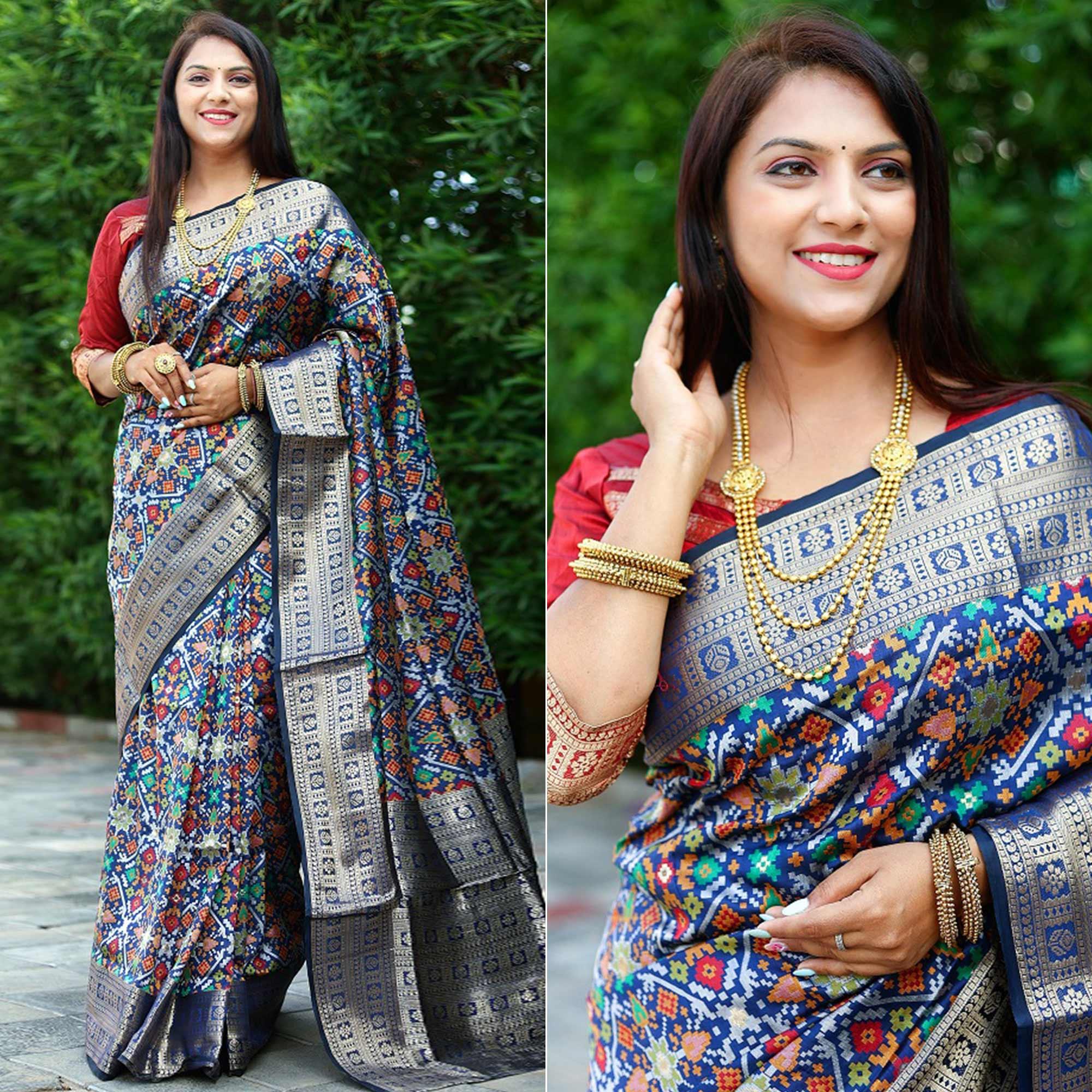 Blue Patola Printed Art Silk Saree - Peachmode