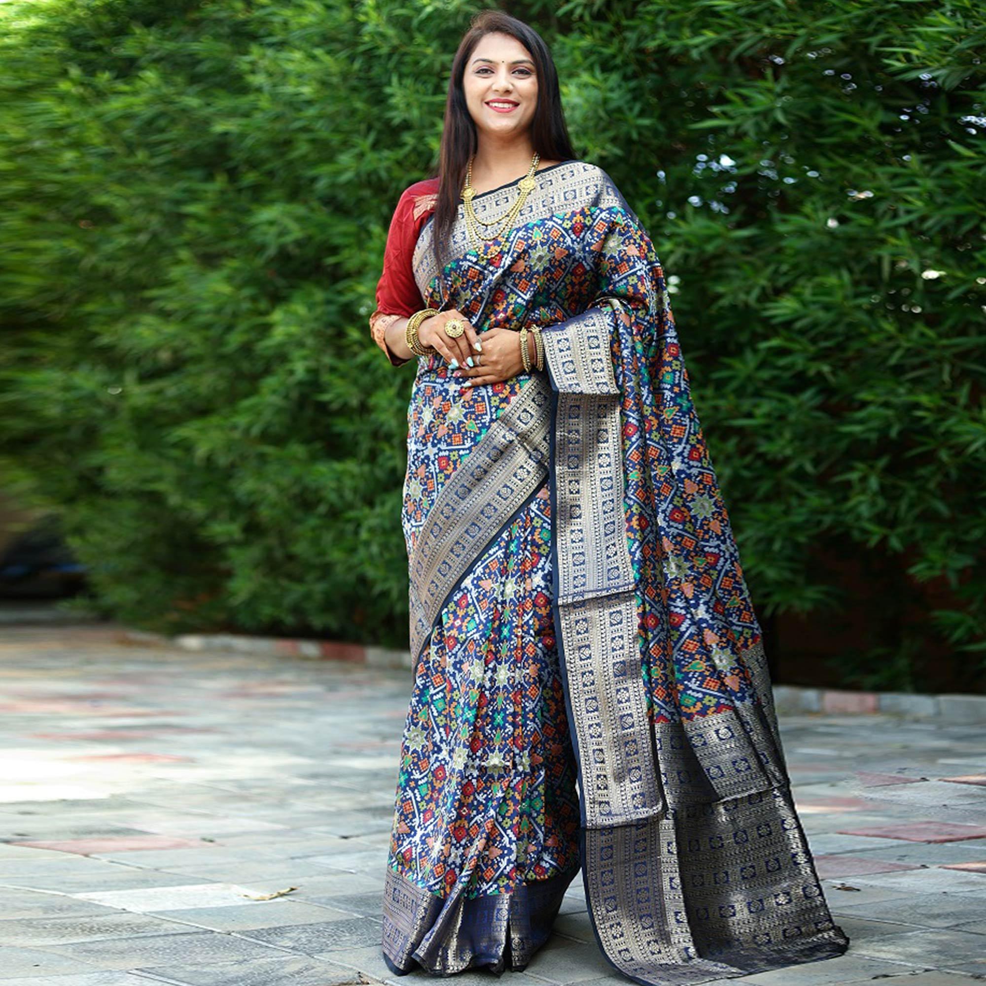 Blue Patola Printed Art Silk Saree - Peachmode