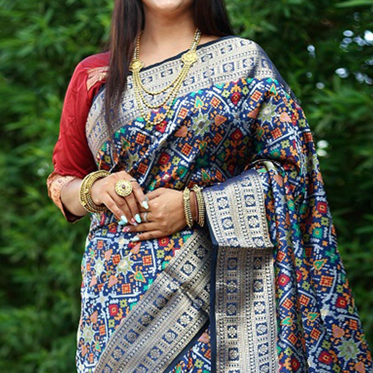 Blue Patola Printed Art Silk Saree - Peachmode