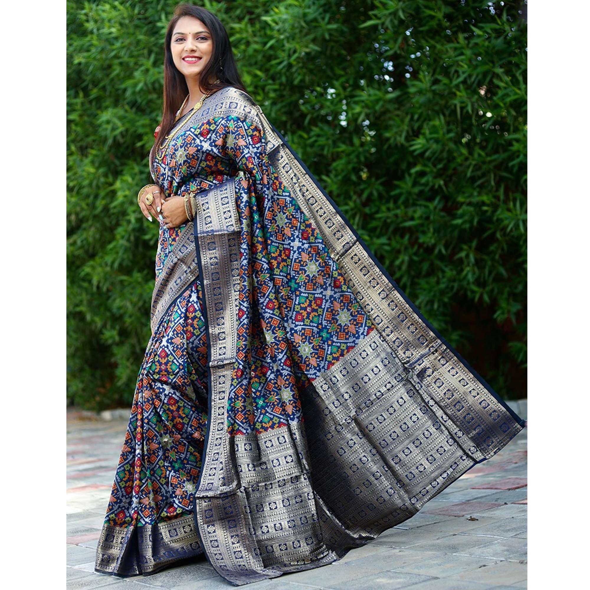 Blue Patola Printed Art Silk Saree - Peachmode