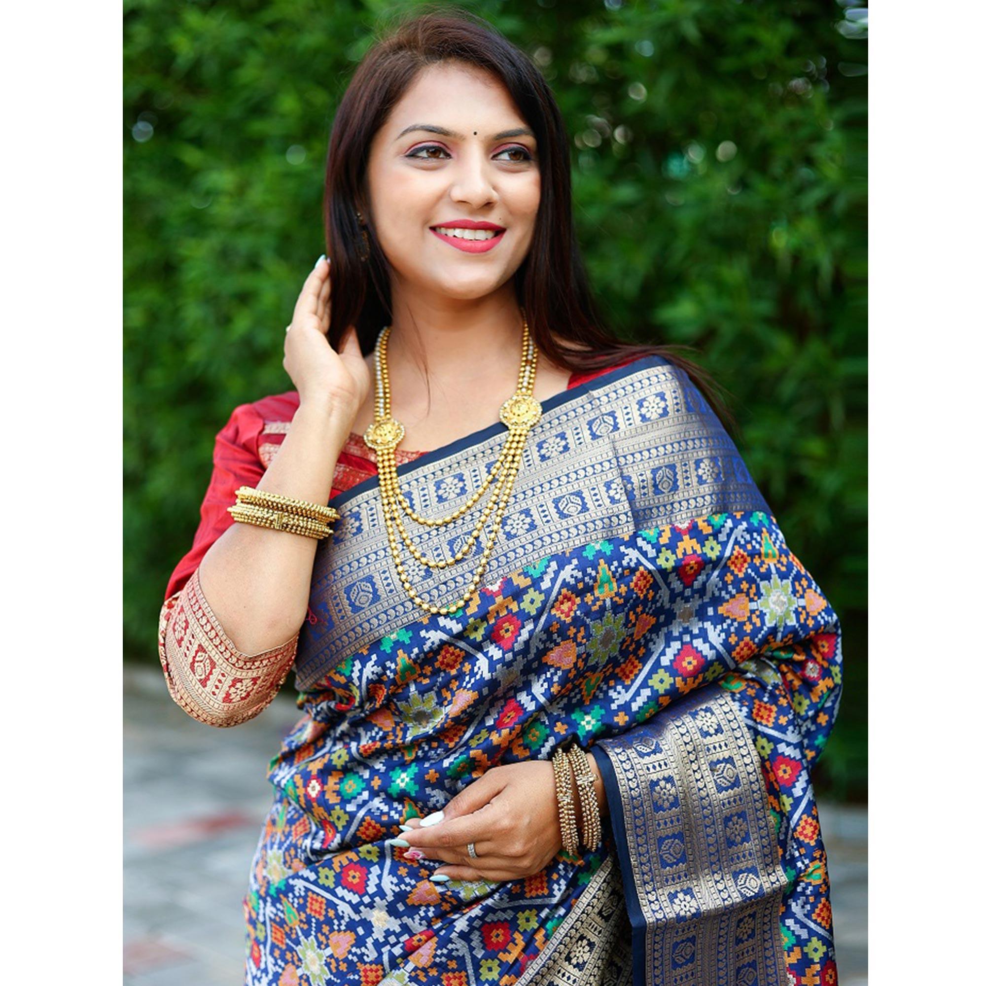 Blue Patola Printed Art Silk Saree - Peachmode