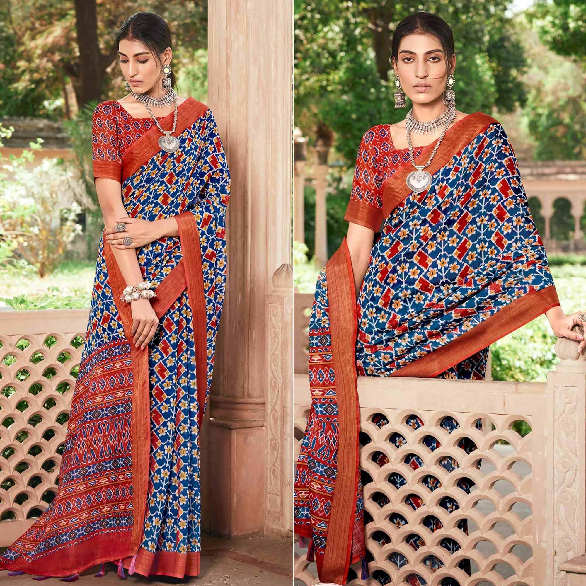 Blue Patola Printed Cotton Silk Saree With Tassels - Peachmode
