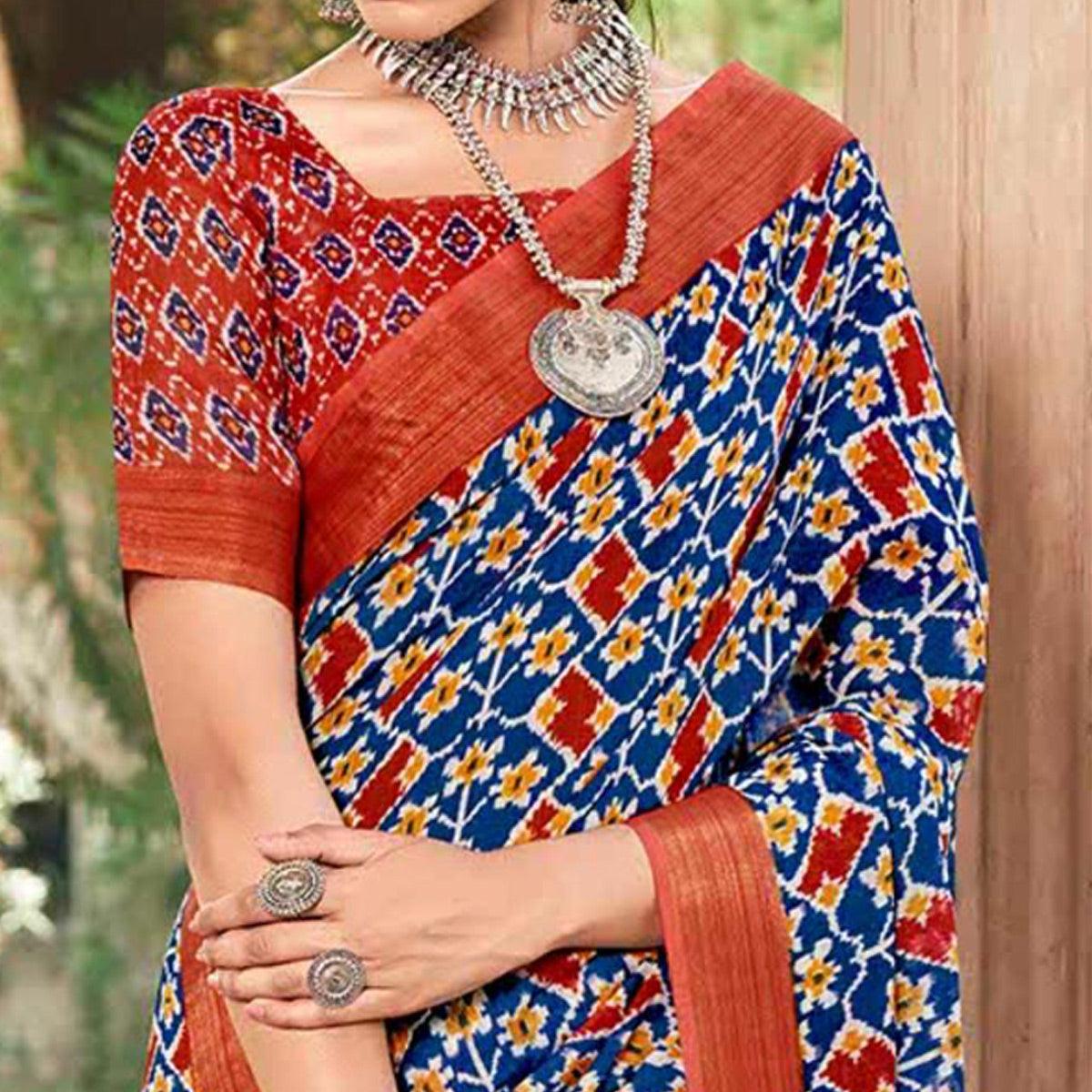 Blue Patola Printed Cotton Silk Saree With Tassels - Peachmode