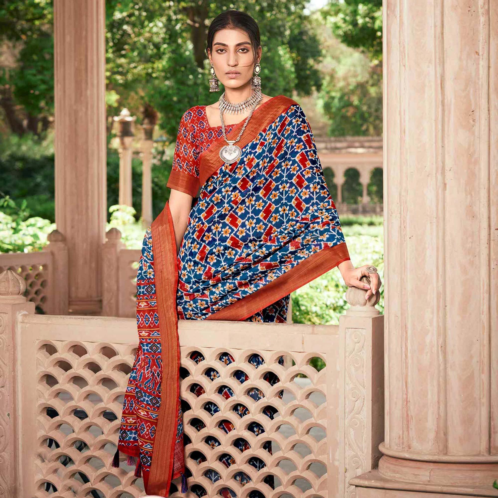 Blue Patola Printed Cotton Silk Saree With Tassels - Peachmode