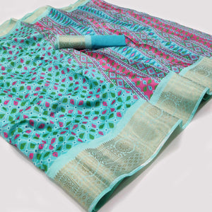 Blue Patola Printed Dola Silk Saree - Peachmode