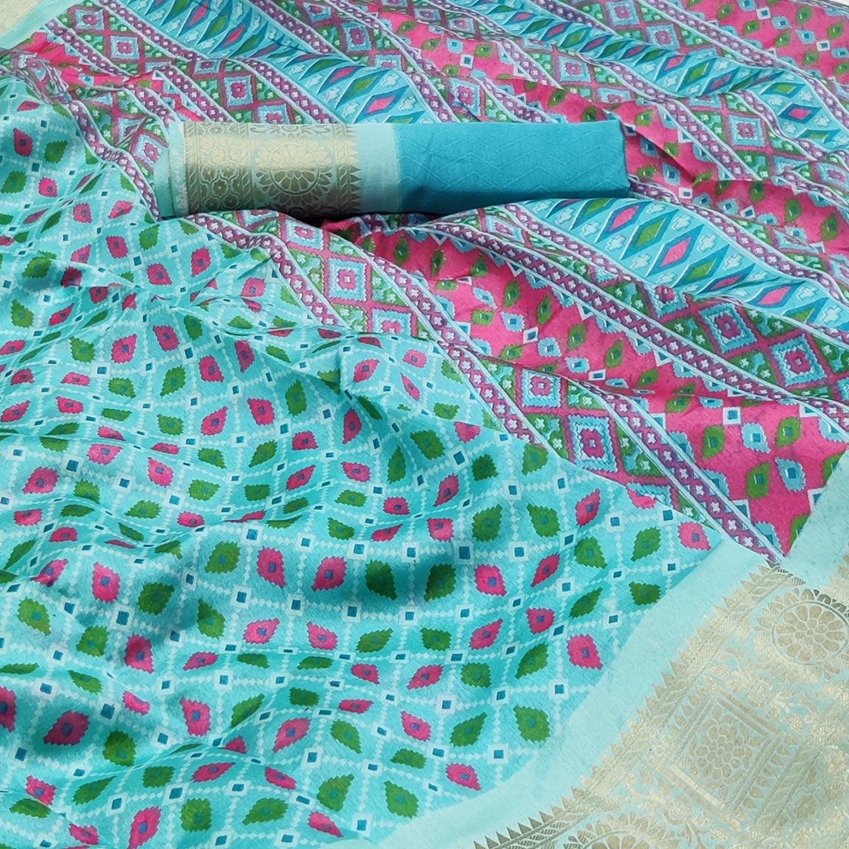 Blue Patola Printed Dola Silk Saree - Peachmode