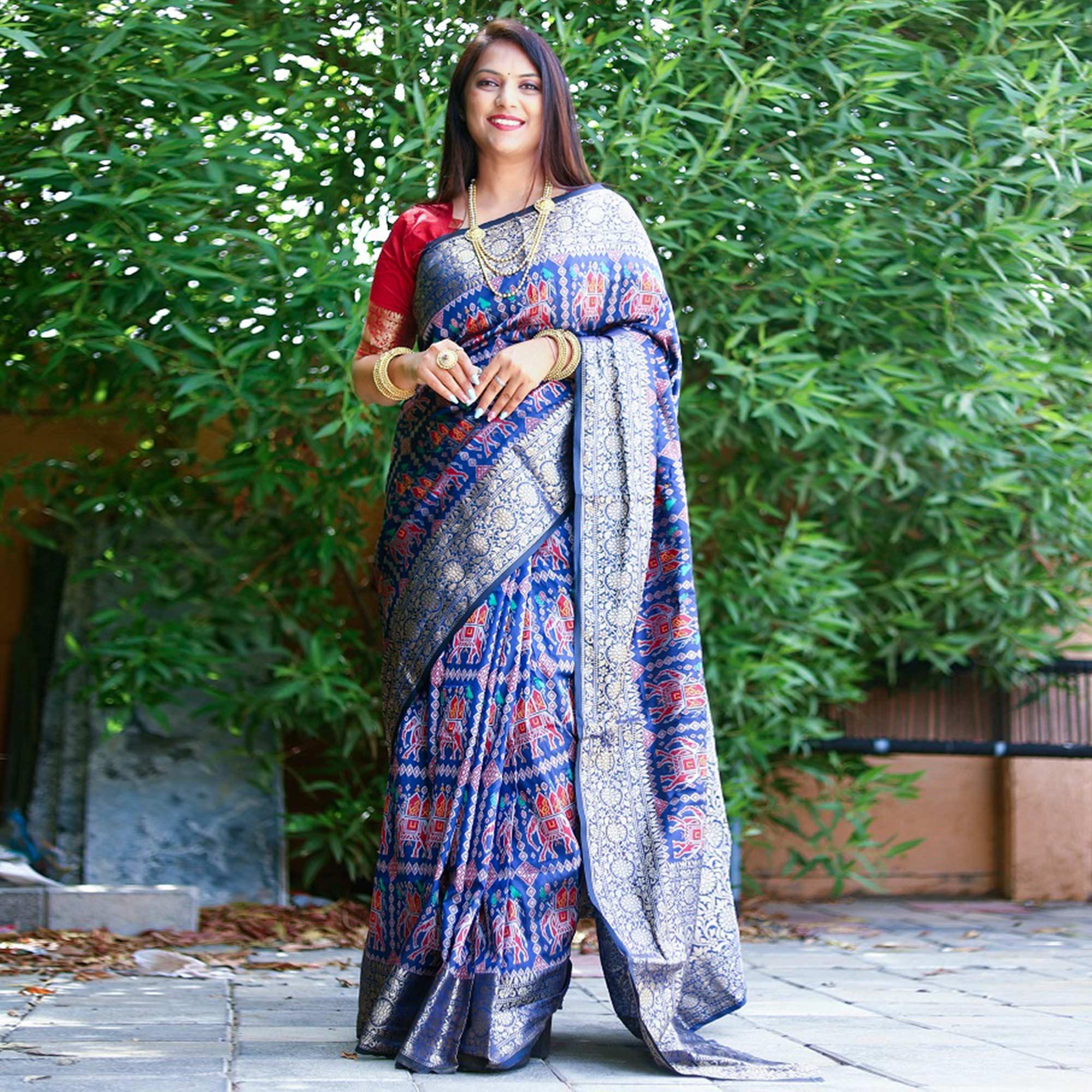 Blue Patola Printed Silk Saree - Peachmode