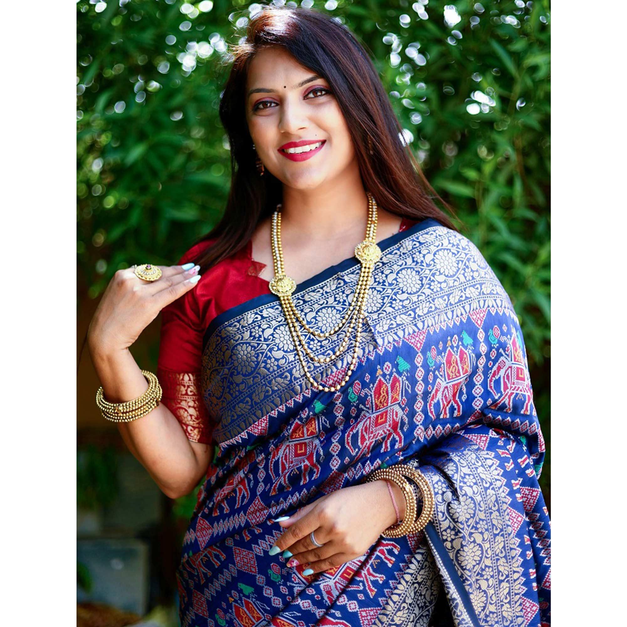 Blue Patola Printed Silk Saree - Peachmode