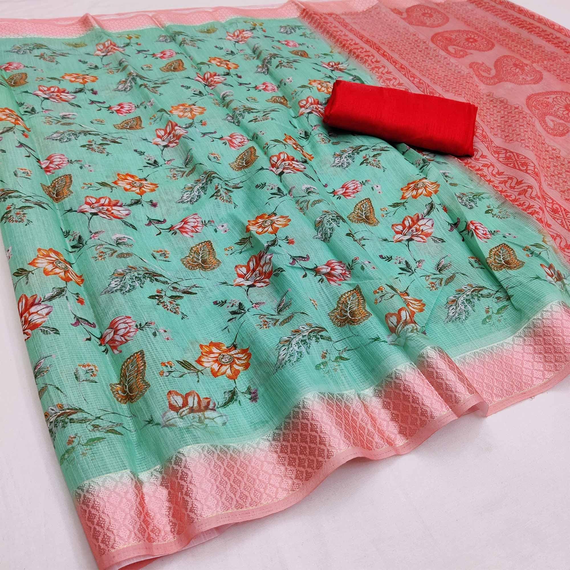 Blue-Peach Festive Wear Floral Digital Printed With Woven Border Soft Cotton Saree - Peachmode