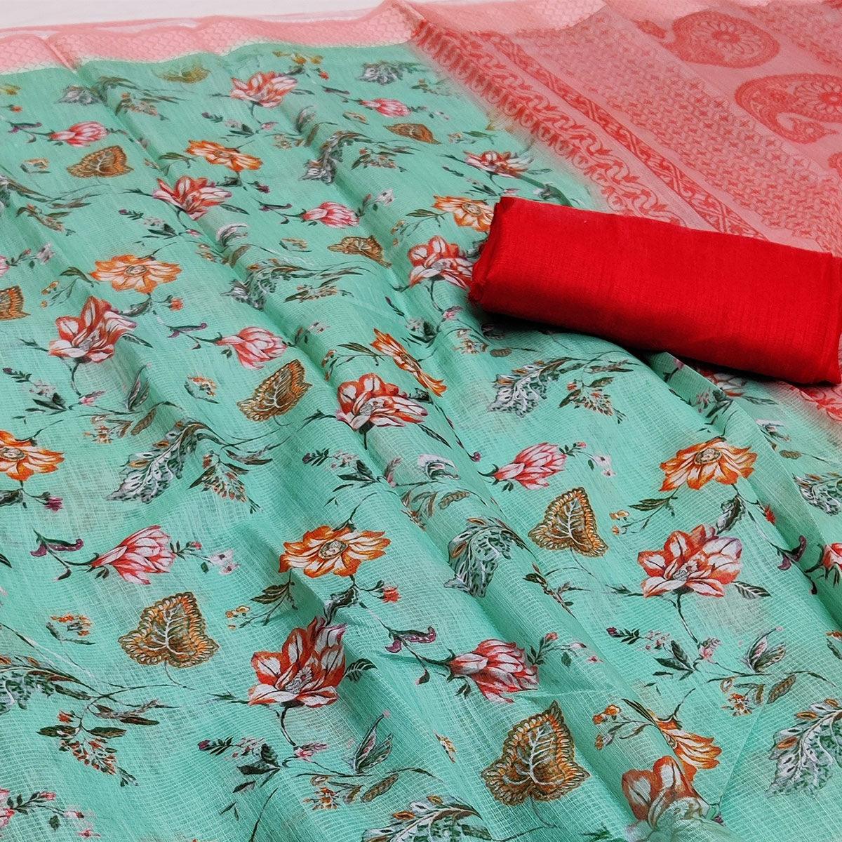 Blue-Peach Festive Wear Floral Digital Printed With Woven Border Soft Cotton Saree - Peachmode