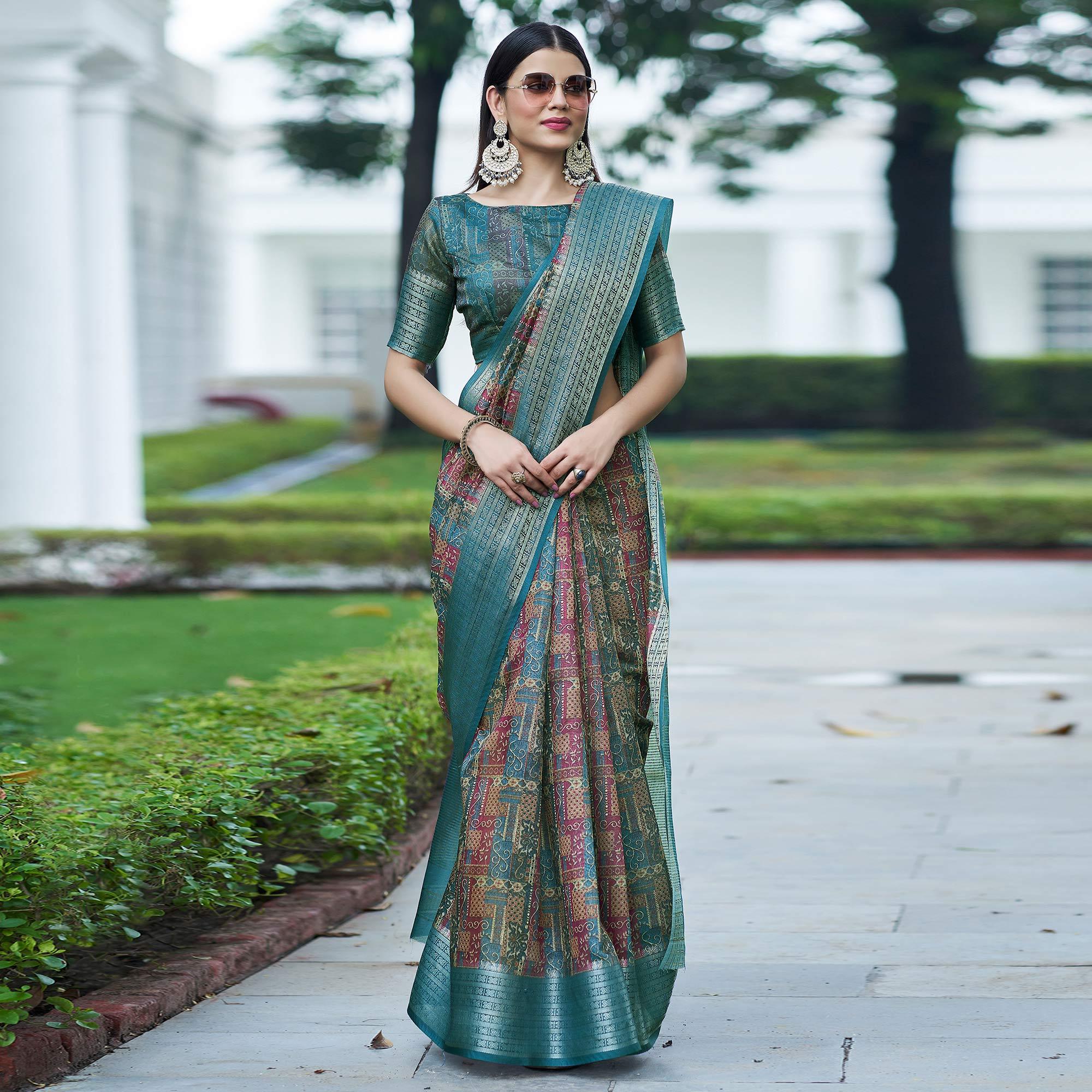 Blue-Pink Digital Printed Linen Saree - Peachmode
