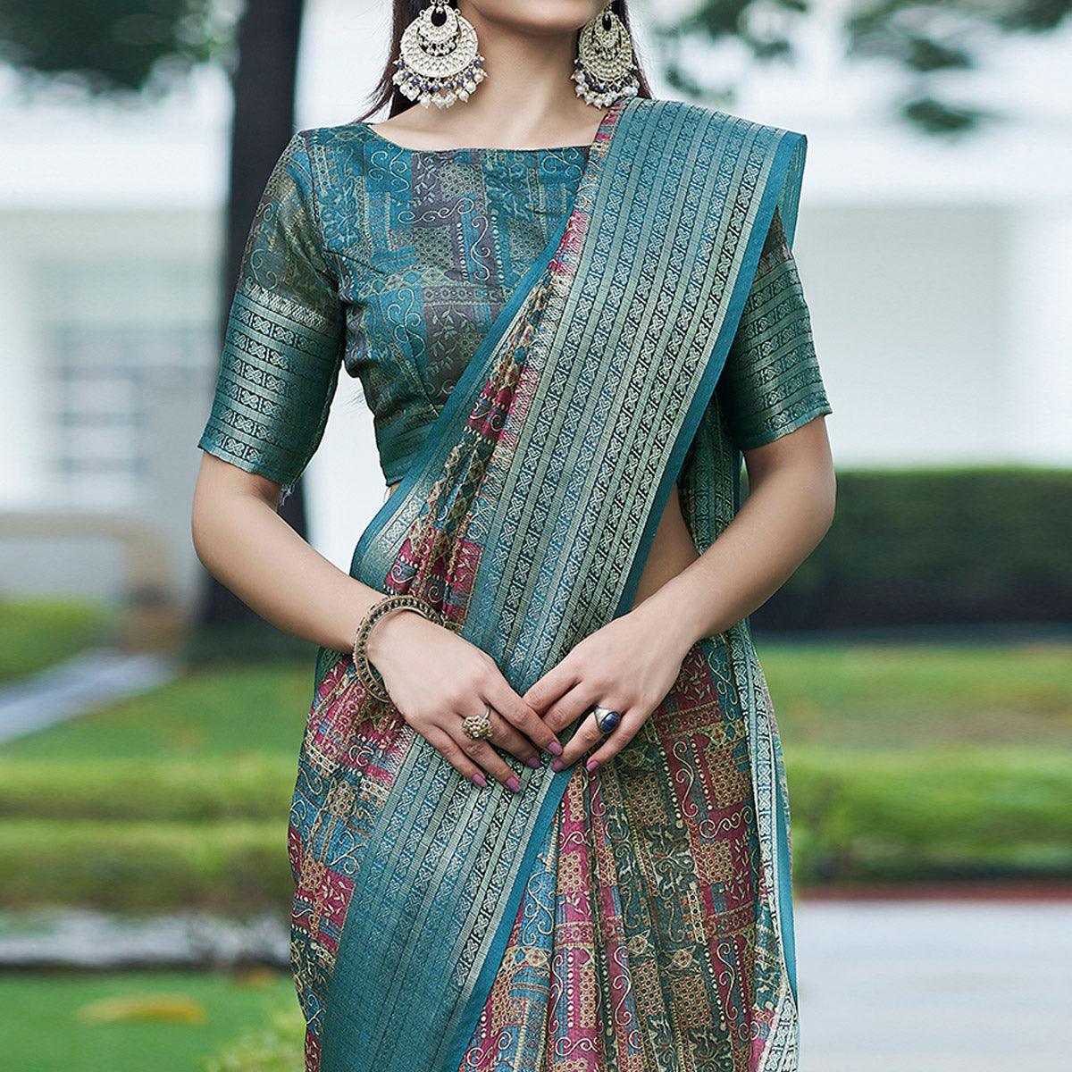 Blue-Pink Digital Printed Linen Saree - Peachmode