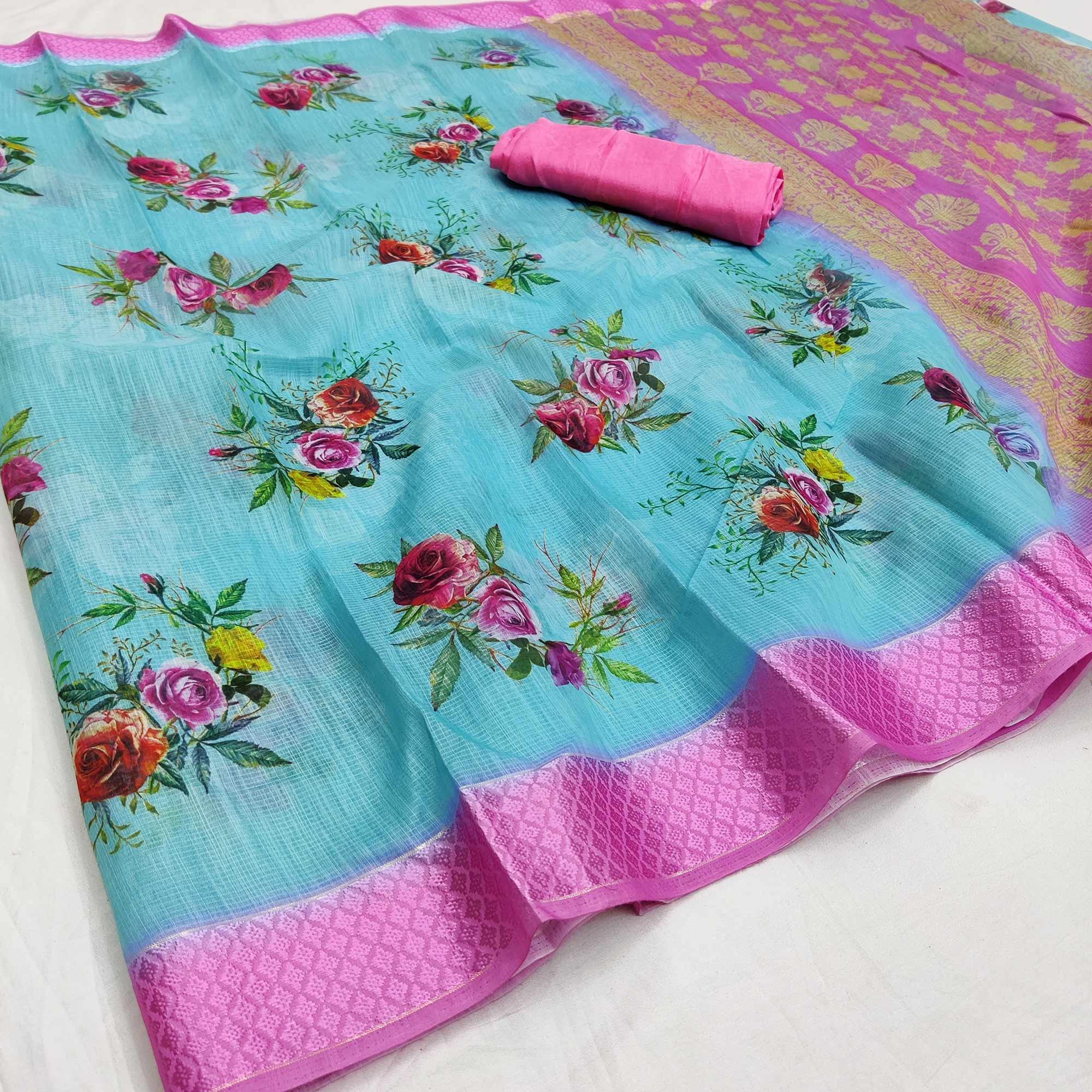 Blue-Pink Festive Wear Floral Digital Printed With Woven Border Soft Cotton Saree - Peachmode