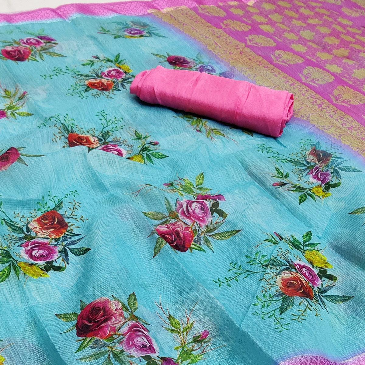 Blue-Pink Festive Wear Floral Digital Printed With Woven Border Soft Cotton Saree - Peachmode