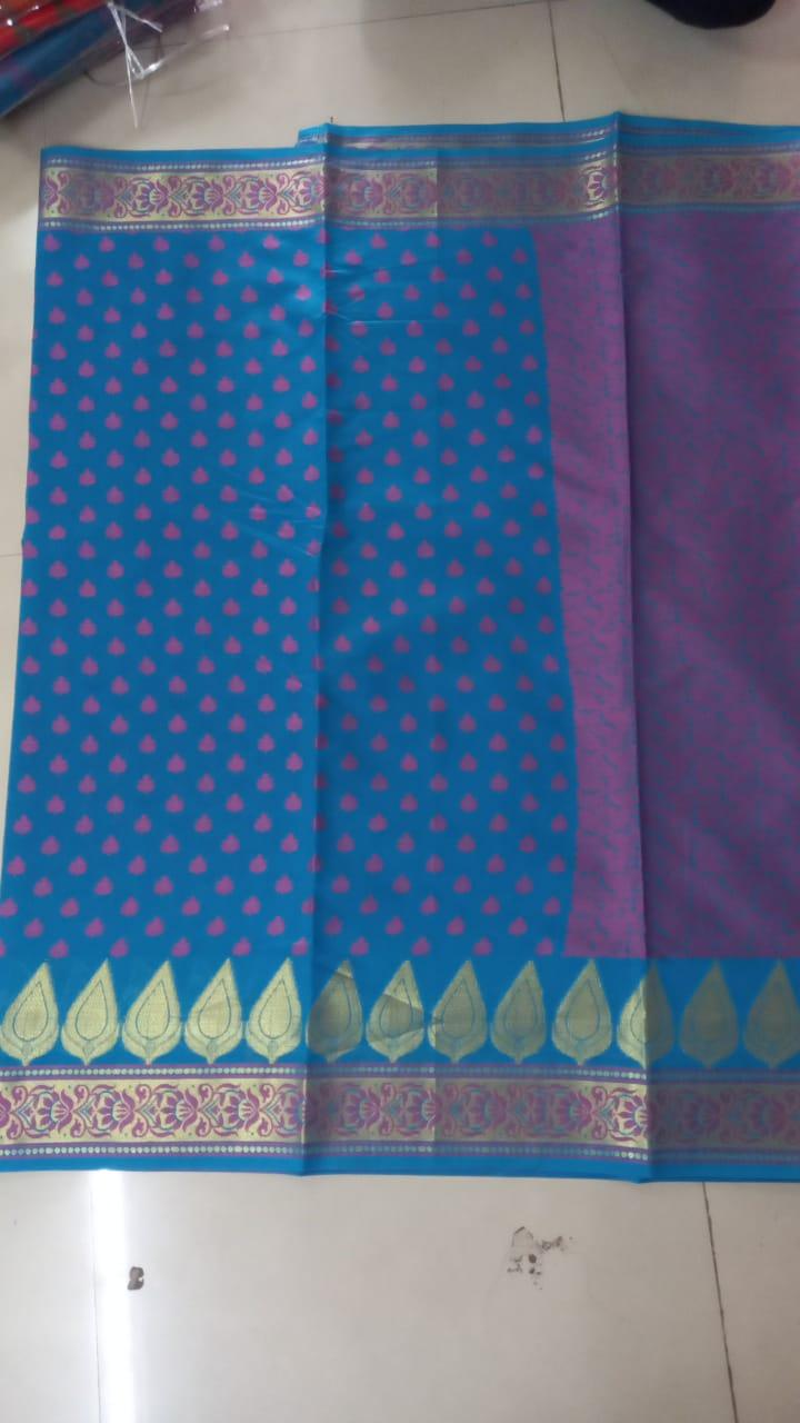 Blue Printed Banarasi Silk Saree - Peachmode