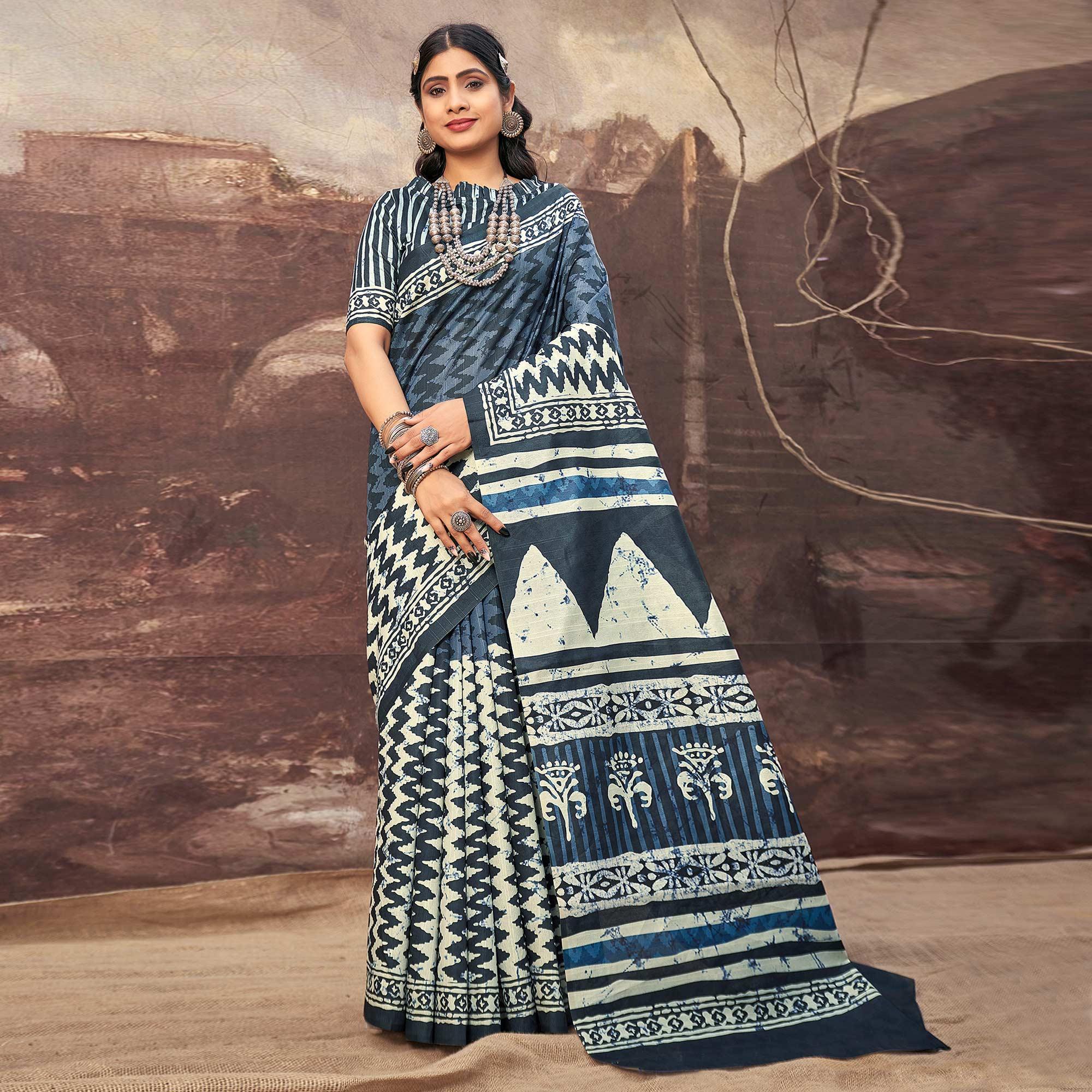 Blue Printed Bhagalpuri Silk Saree - Peachmode