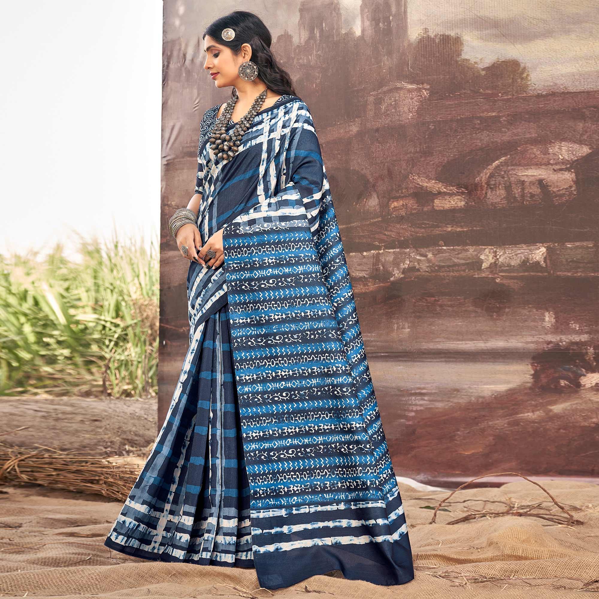 Blue Printed Bhagalpuri Silk Saree - Peachmode