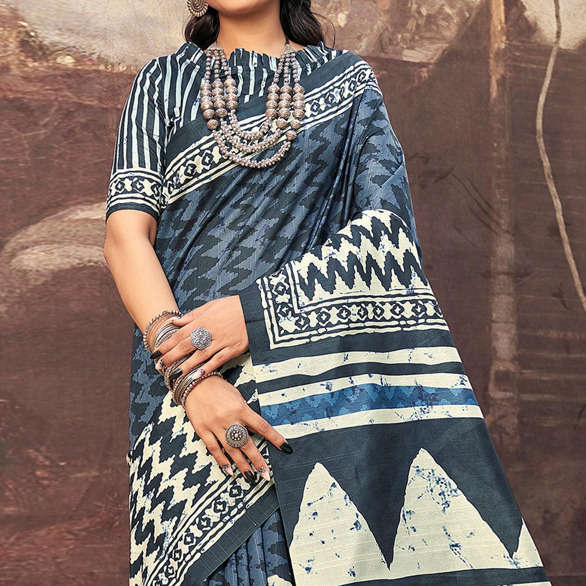 Blue Printed Bhagalpuri Silk Saree - Peachmode