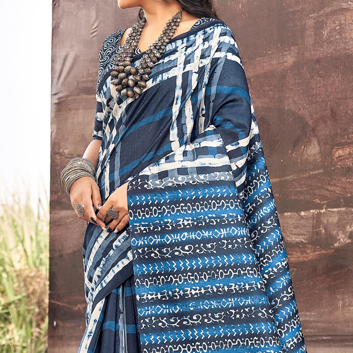 Blue Printed Bhagalpuri Silk Saree - Peachmode