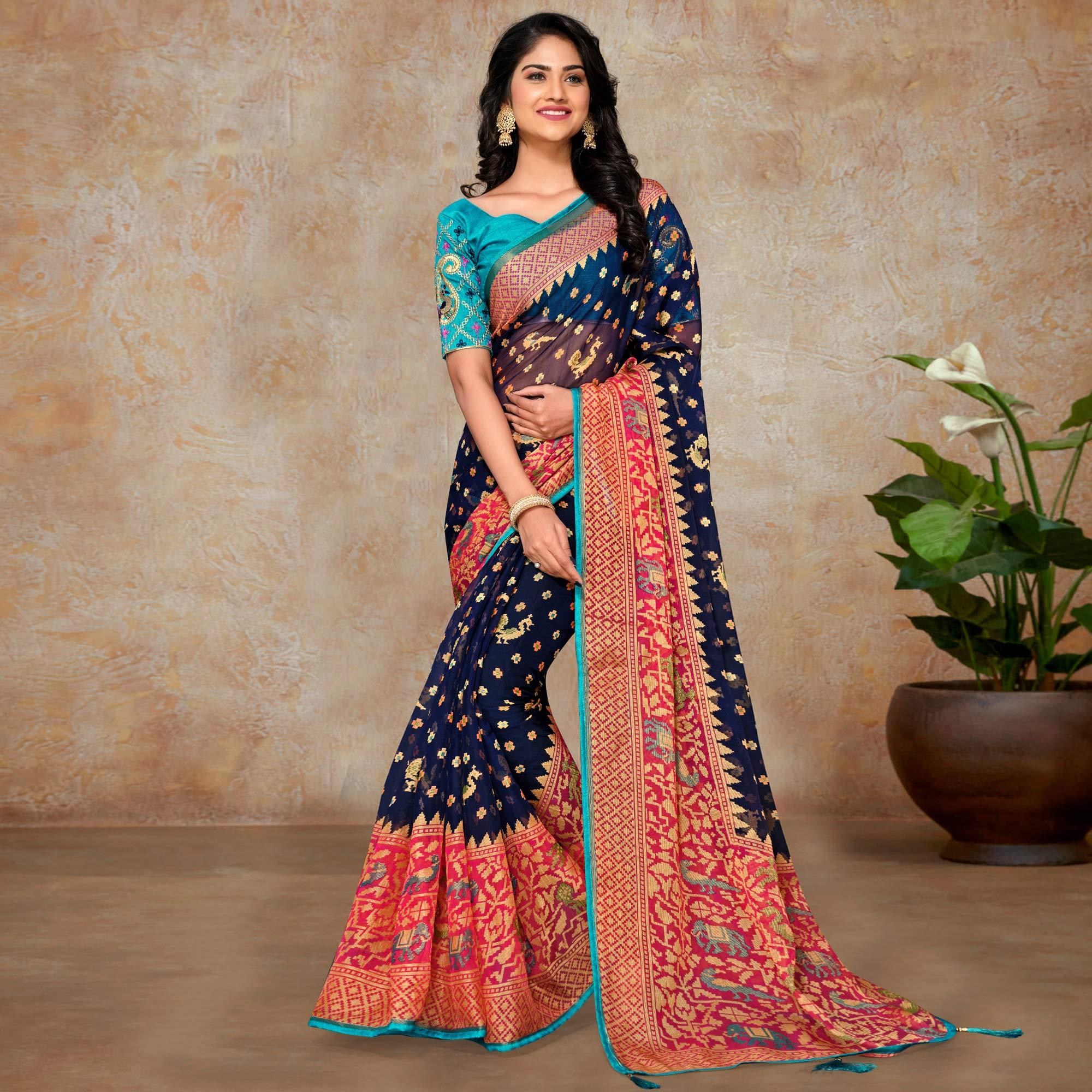 Blue Printed Brasso Saree - Peachmode