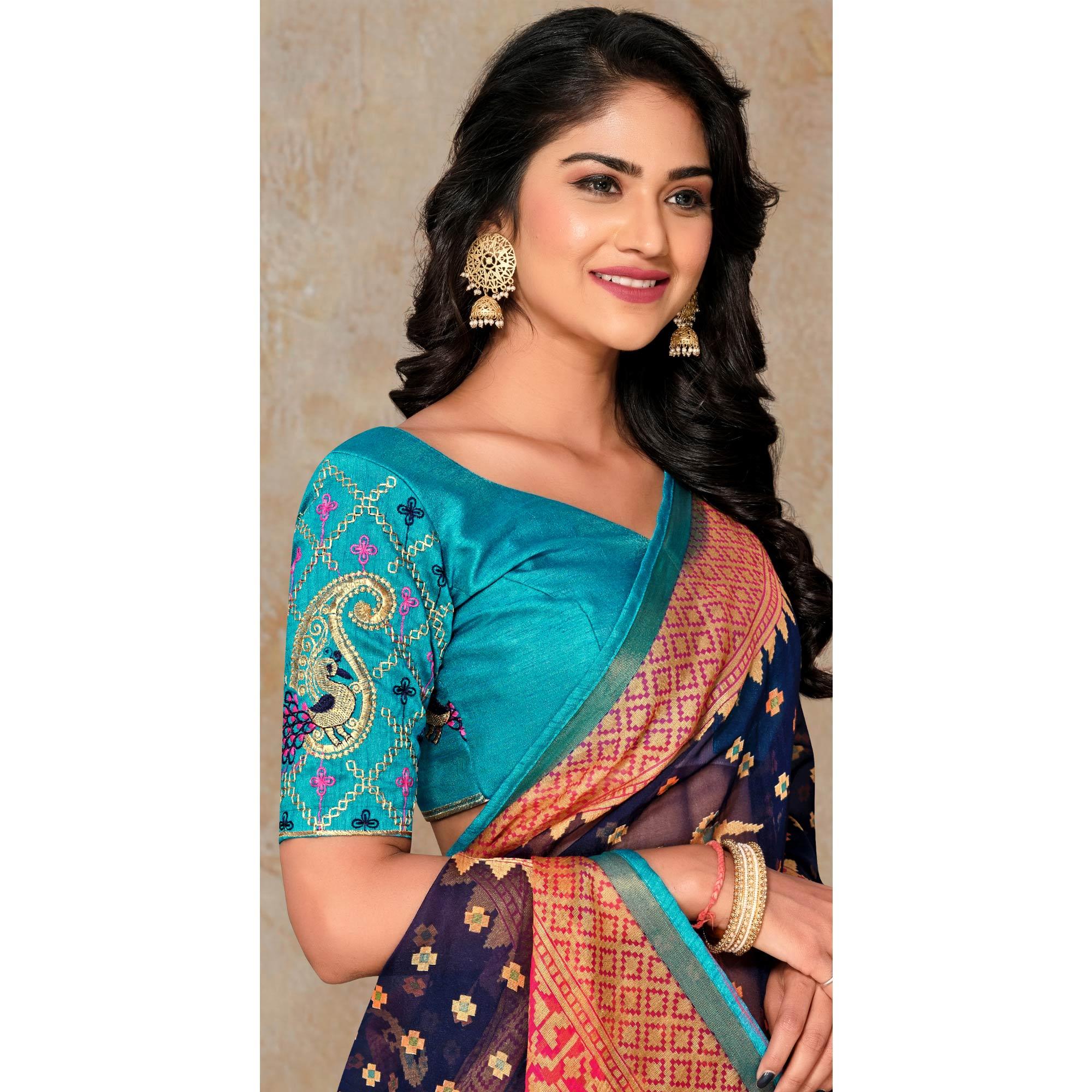 Blue Printed Brasso Saree - Peachmode