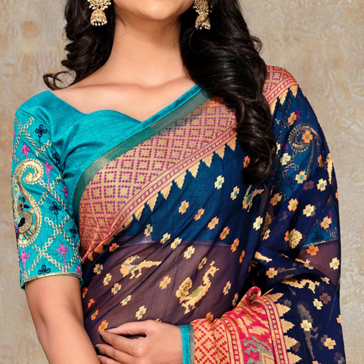 Blue Printed Brasso Saree - Peachmode