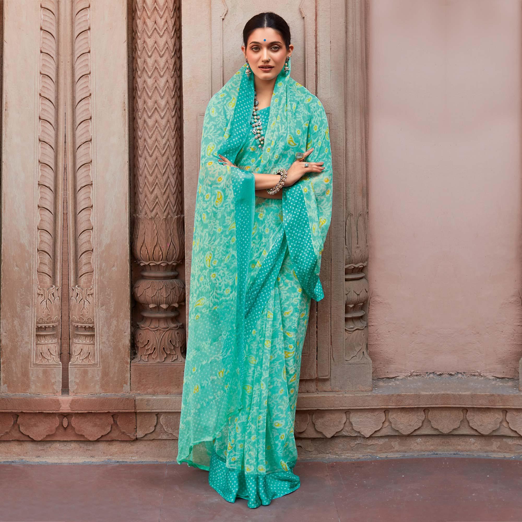 Blue Printed Chiffon Saree - Peachmode