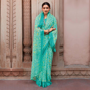 Blue Printed Chiffon Saree - Peachmode