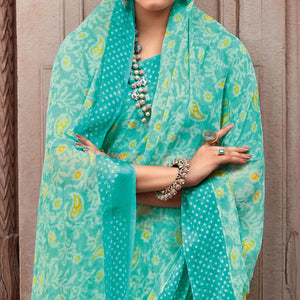 Blue Printed Chiffon Saree - Peachmode