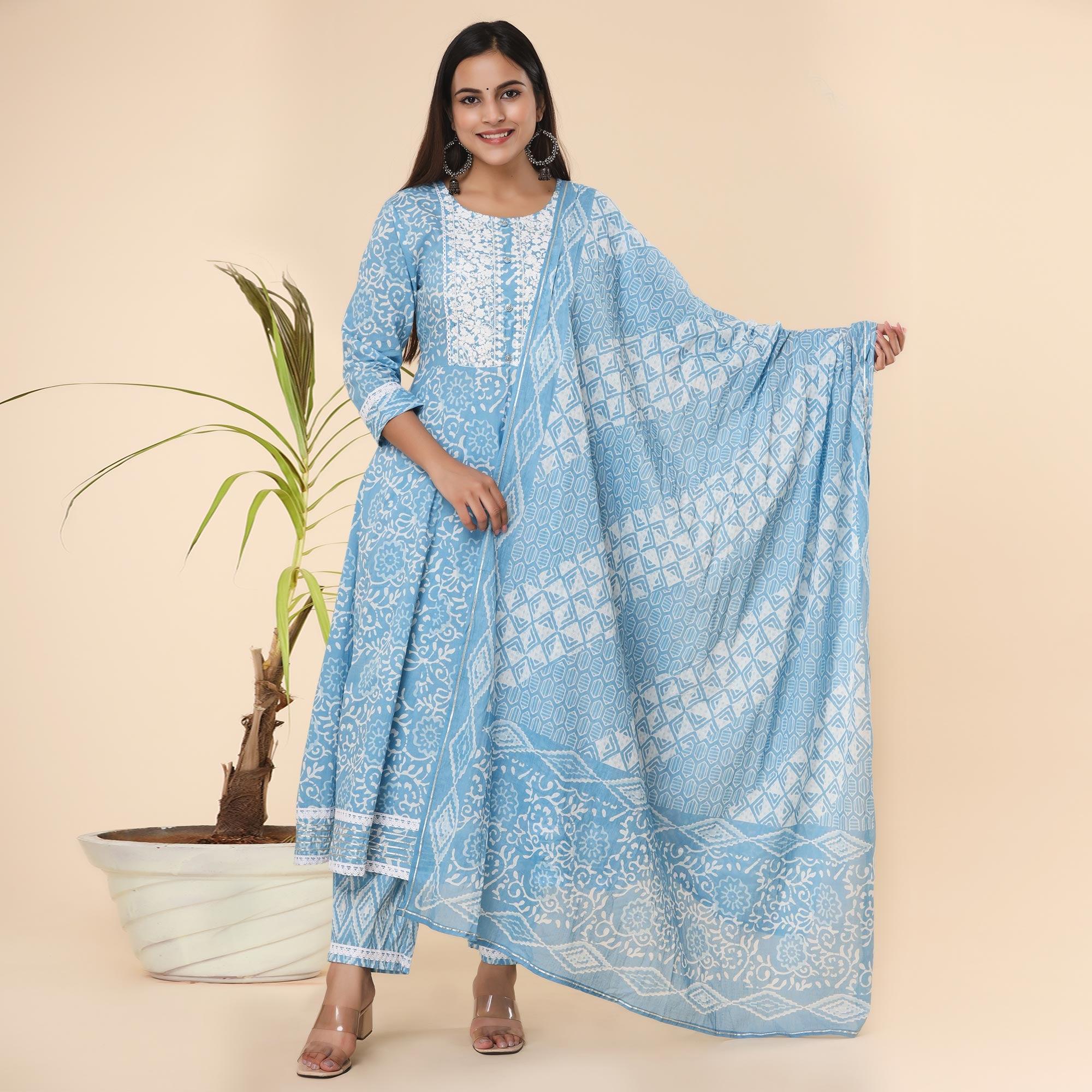 Blue Printed Cotton Anarkali Kurti Pant Set With Dupatta - Peachmode