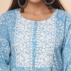 Blue Printed Cotton Anarkali Kurti Pant Set With Dupatta - Peachmode