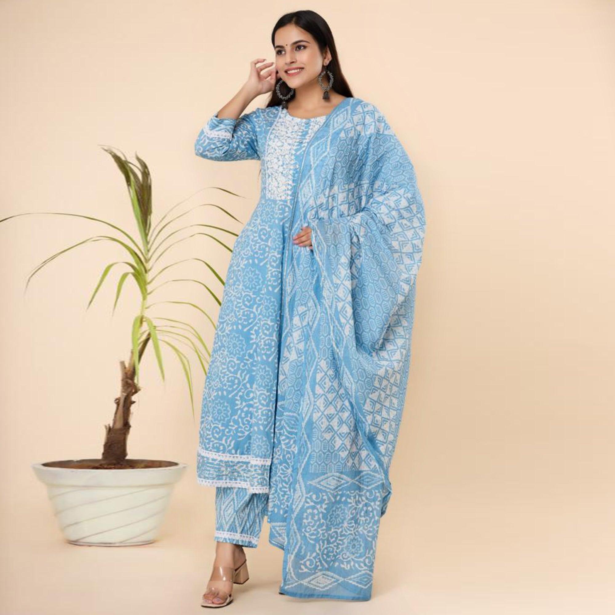 Blue Printed Cotton Anarkali Kurti Pant Set With Dupatta - Peachmode