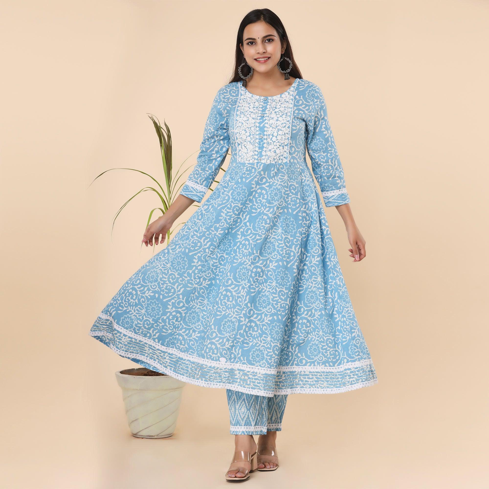Blue Printed Cotton Anarkali Kurti Pant Set With Dupatta - Peachmode