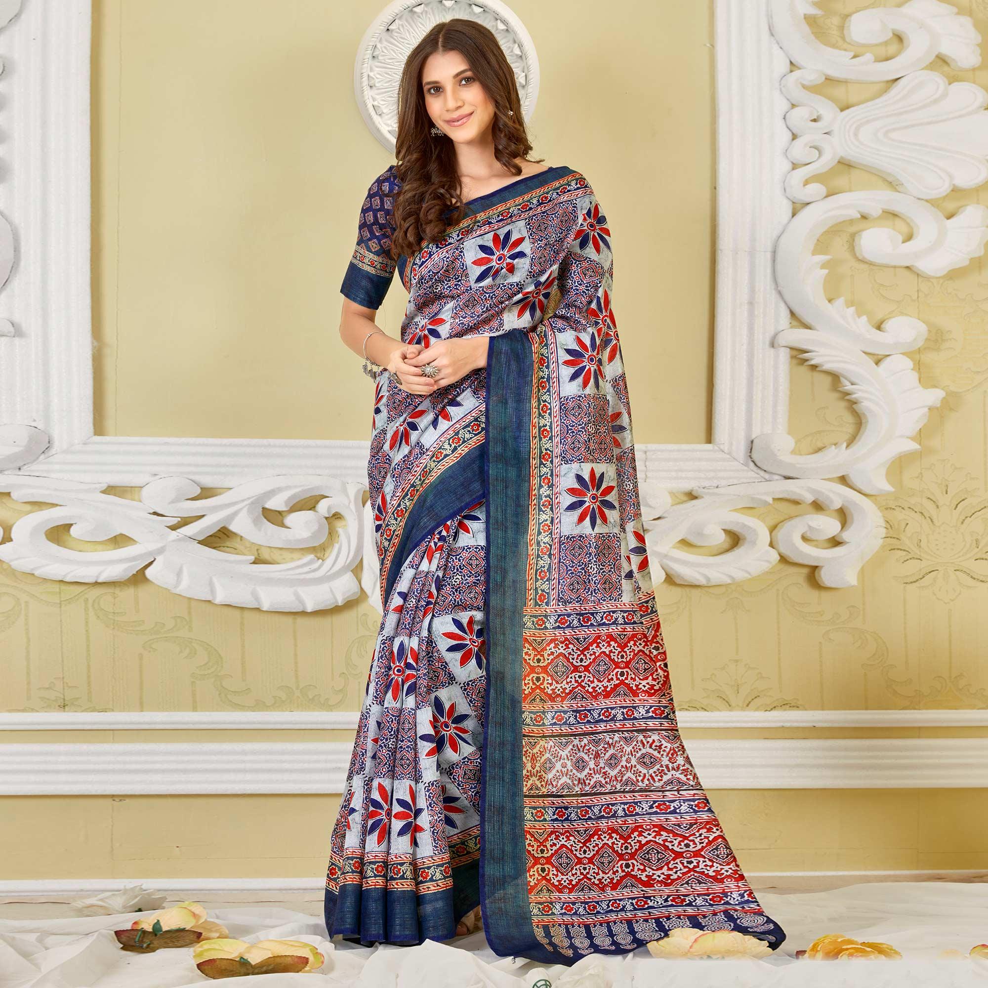 Blue Printed Cotton Saree - Peachmode
