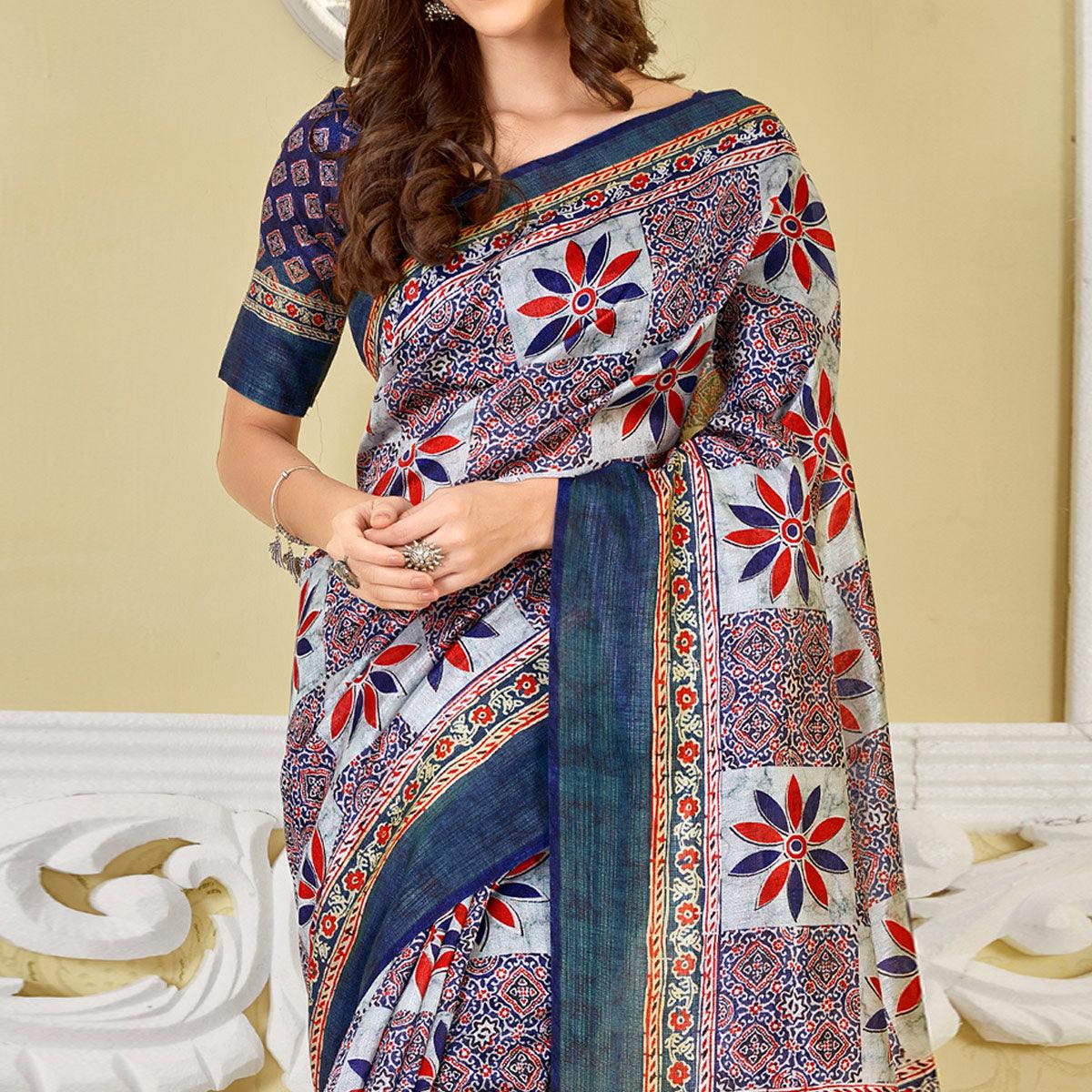 Blue Printed Cotton Saree - Peachmode