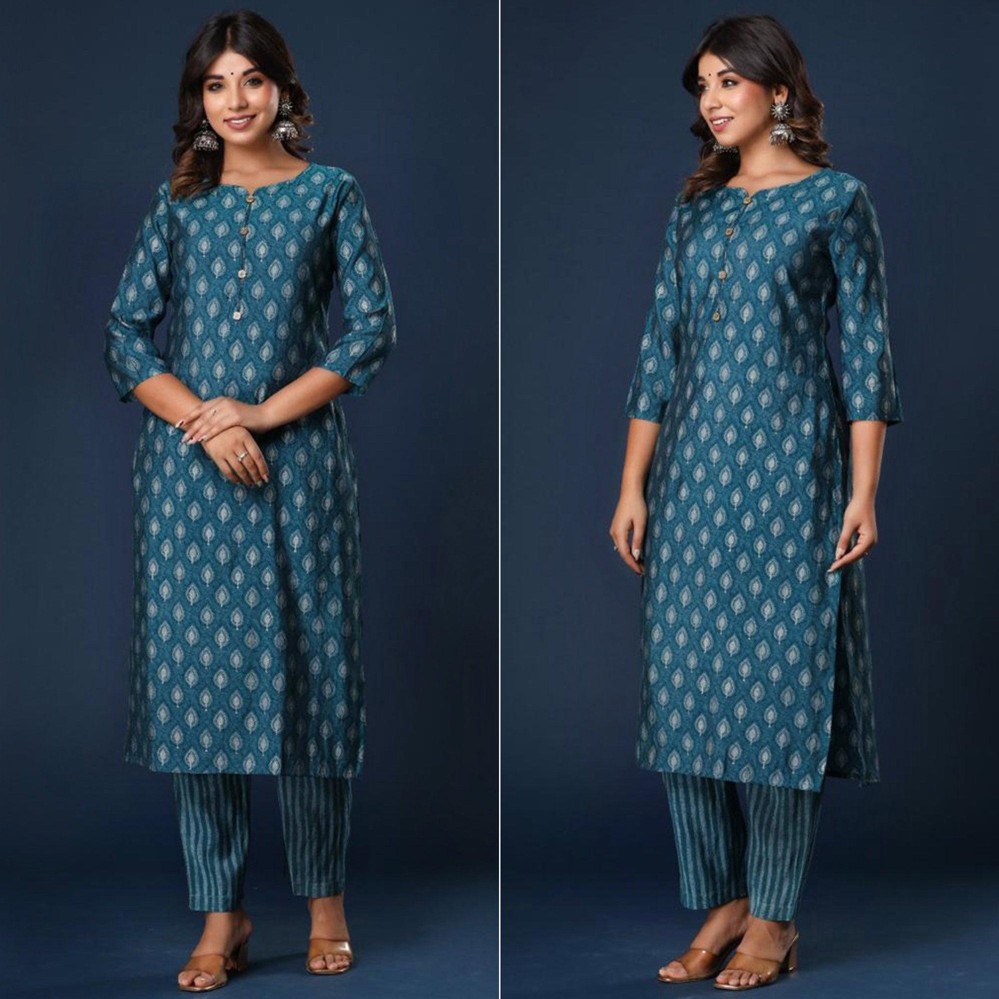 Blue Printed Cotton Silk Kurti Pant Set - Peachmode