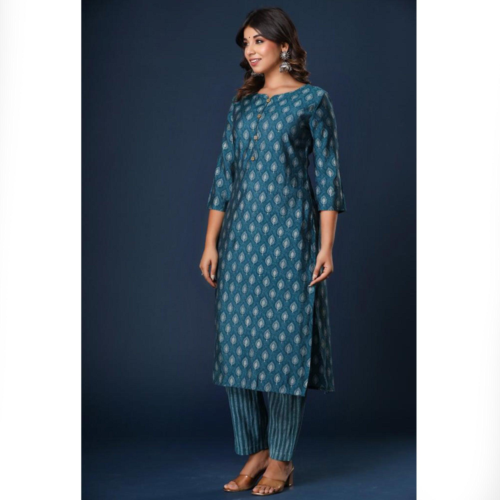 Blue Printed Cotton Silk Kurti Pant Set - Peachmode