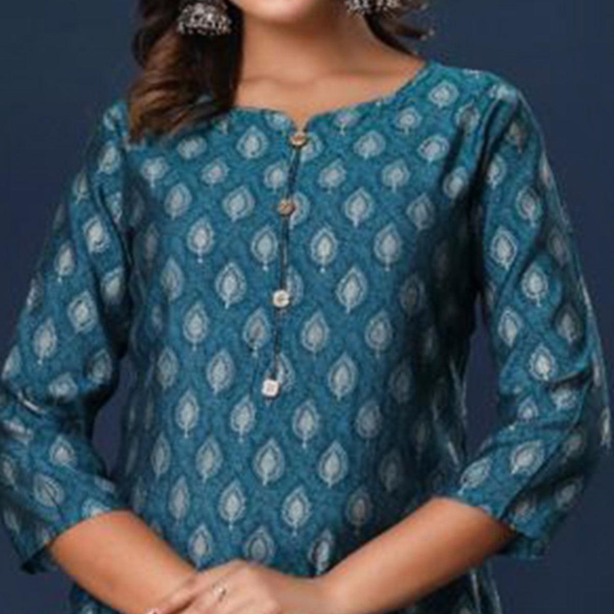 Blue Printed Cotton Silk Kurti Pant Set - Peachmode