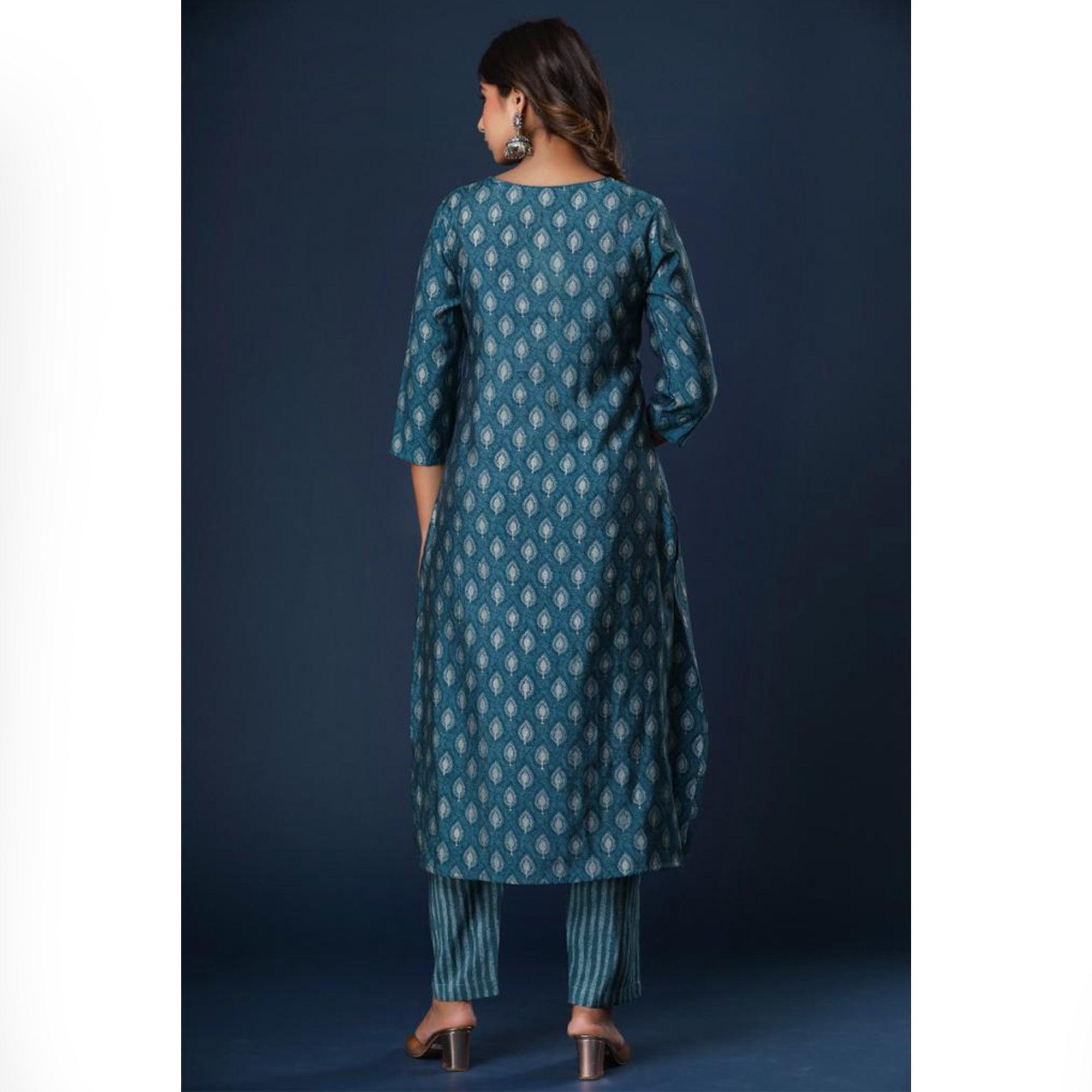 Blue Printed Cotton Silk Kurti Pant Set - Peachmode