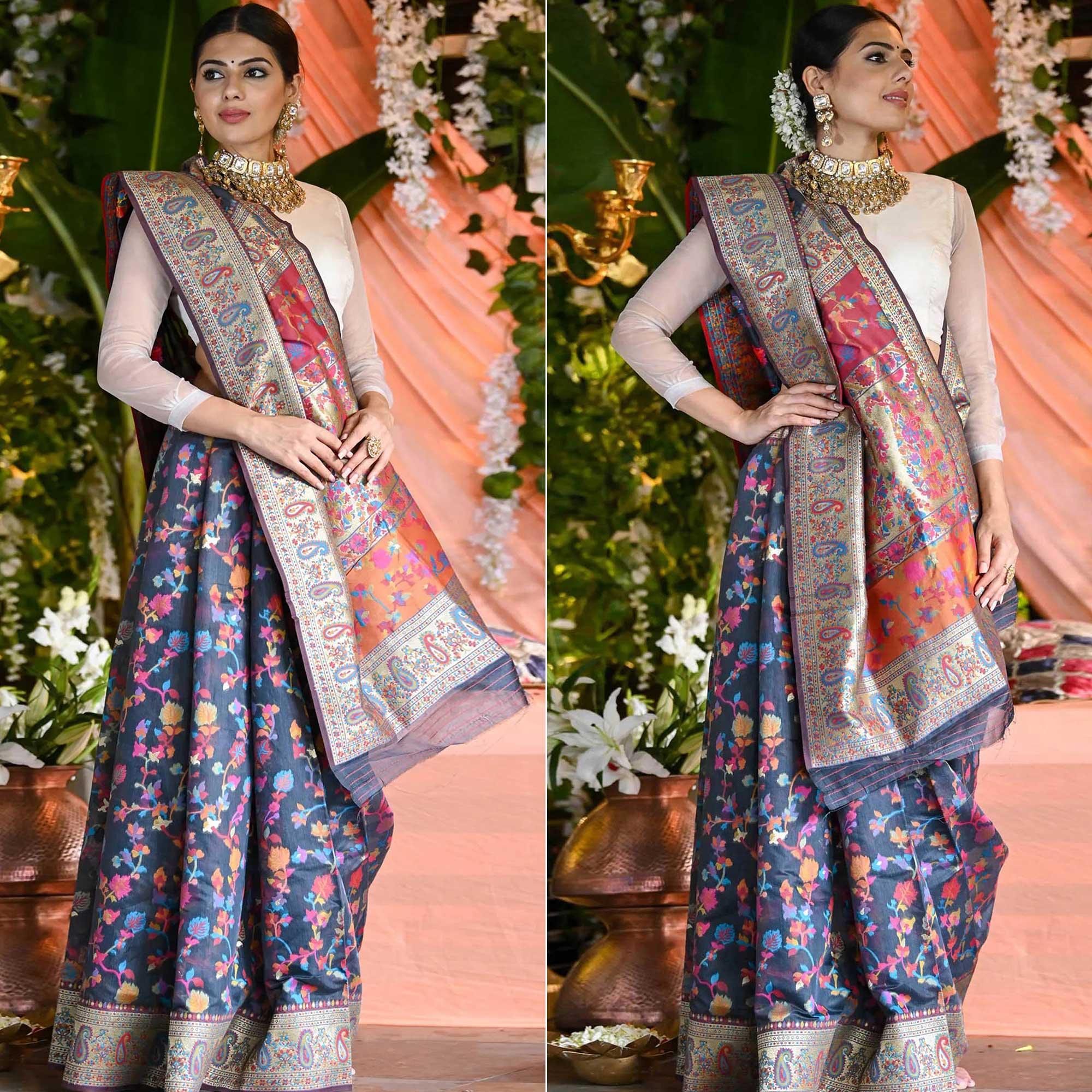Blue Printed Cotton Silk Saree - Peachmode