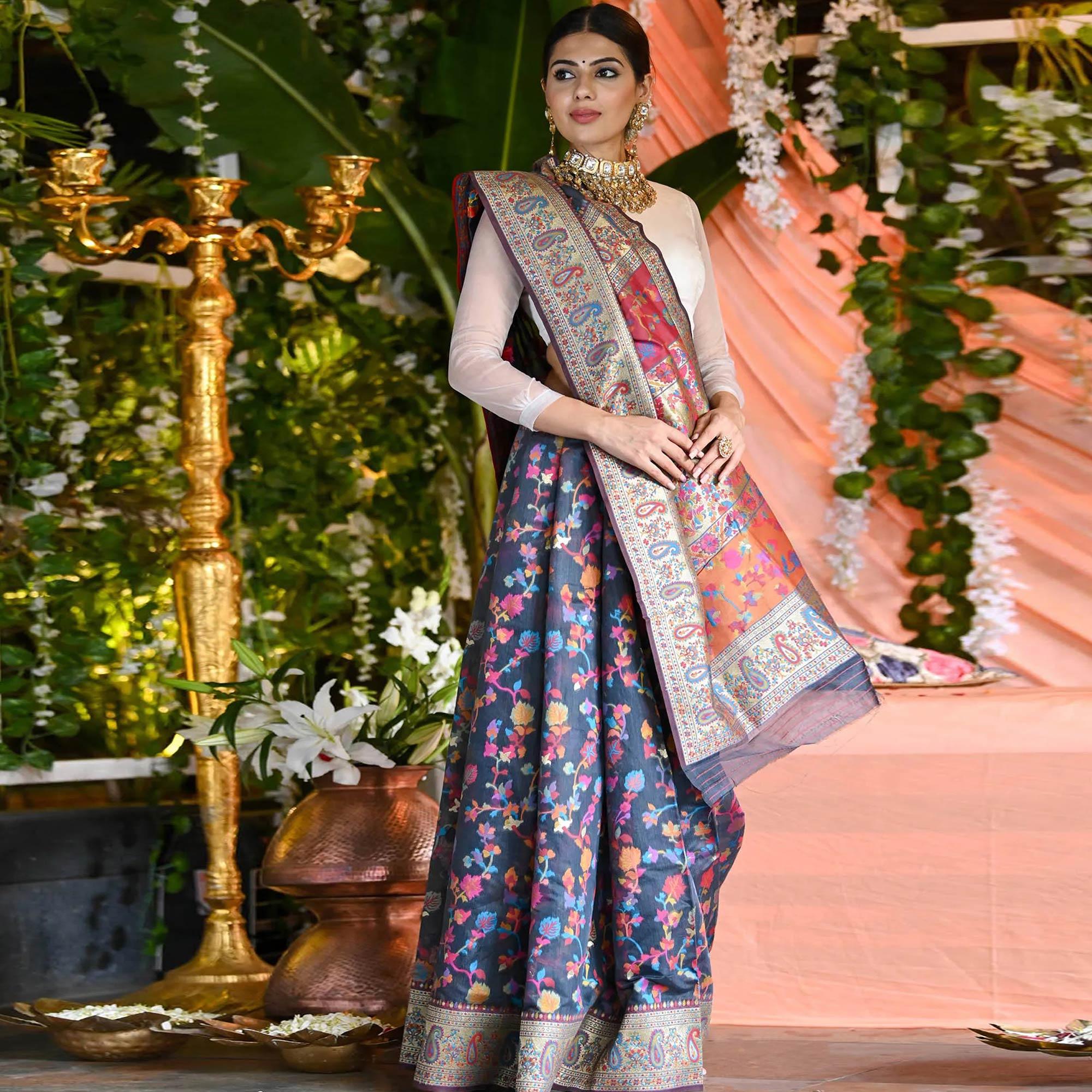 Blue Printed Cotton Silk Saree - Peachmode
