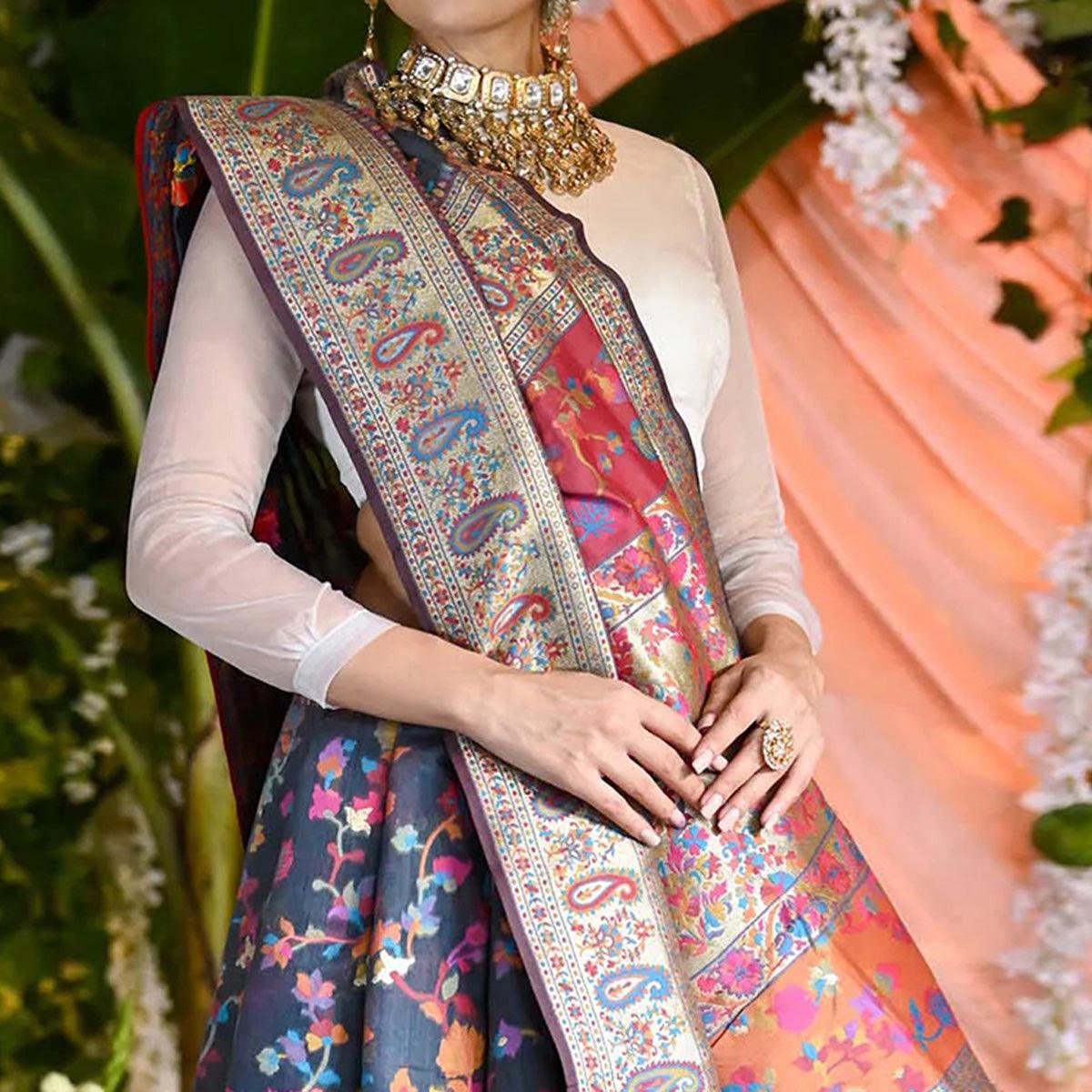 Blue Printed Cotton Silk Saree - Peachmode